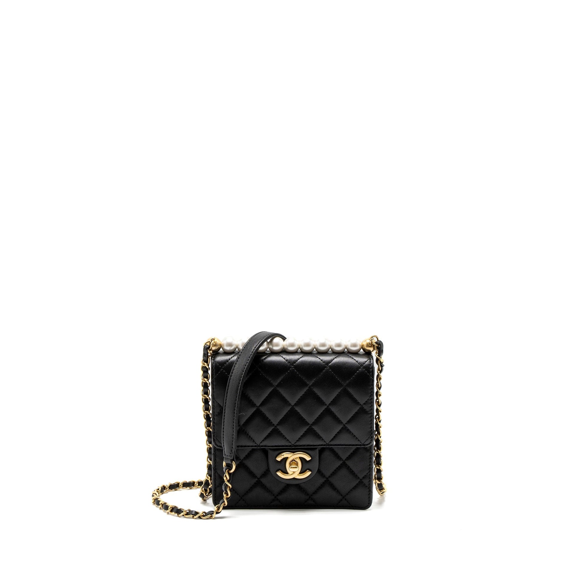Chanel Square Pearl Flap Lambskin Brushed GHW Black Shoulder Bag