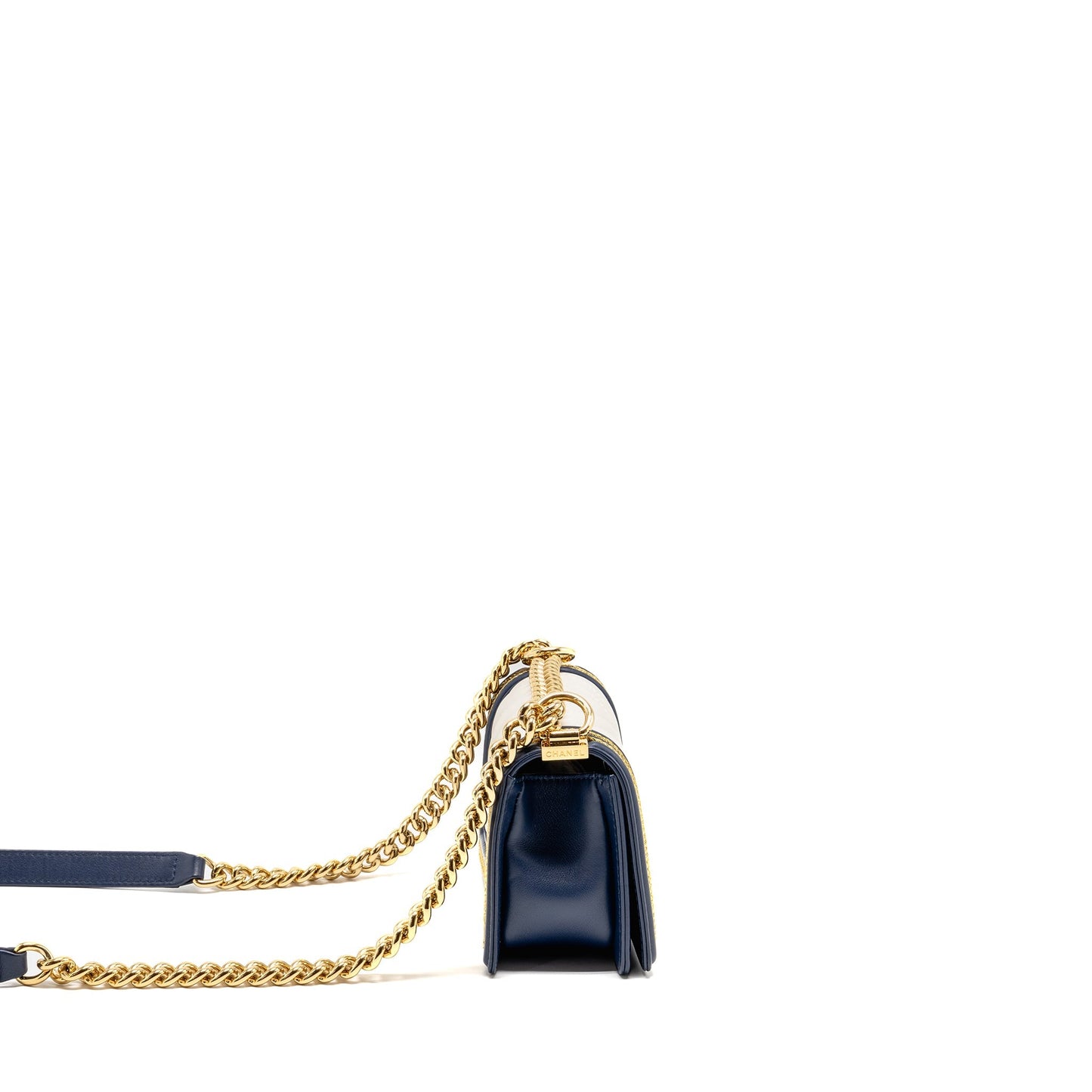 Chanel Chevron Boy Calfskin Navy GHW White Small Handbag