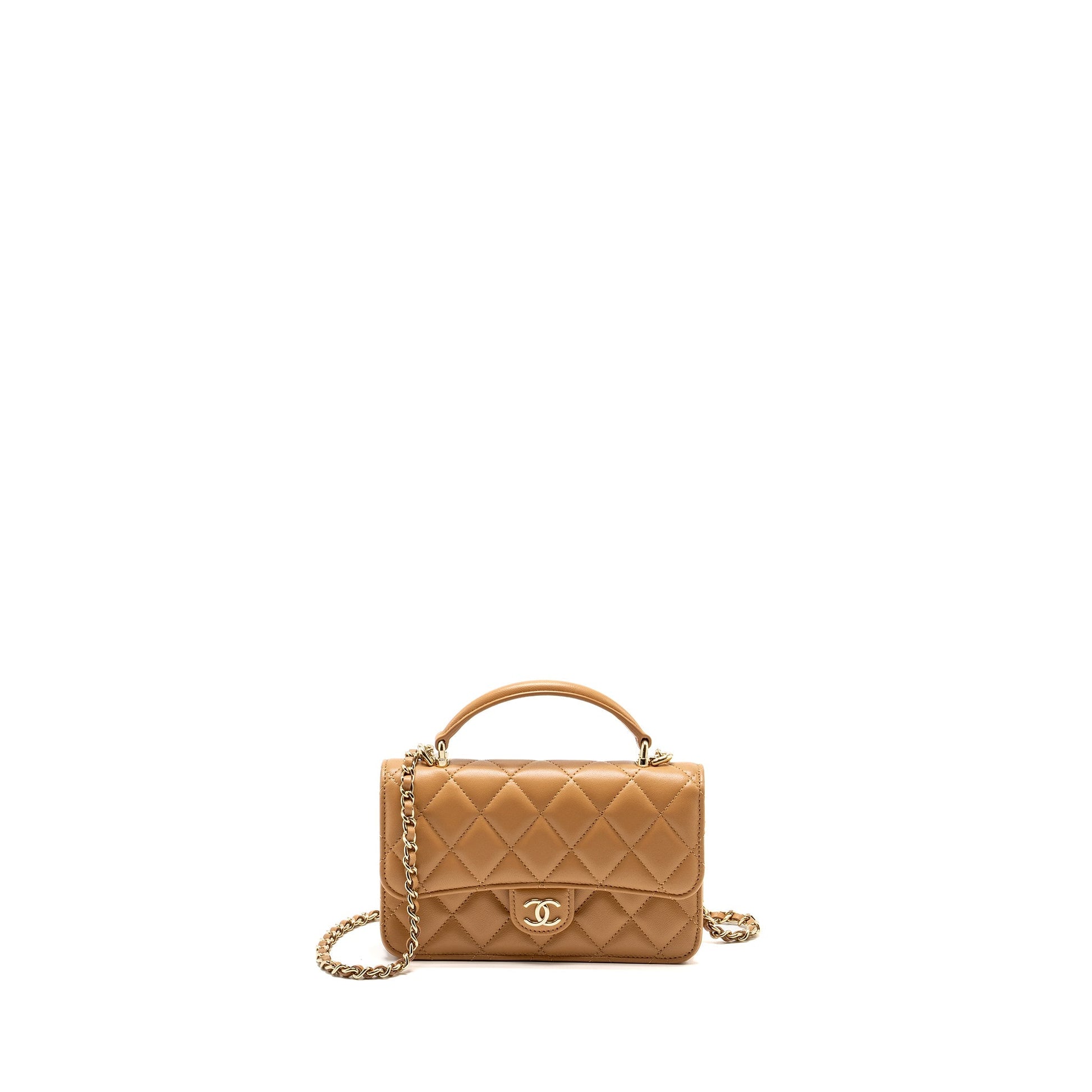 Chanel Top Handle Flap Lambskin Caramel LGHW Shoulder Bag