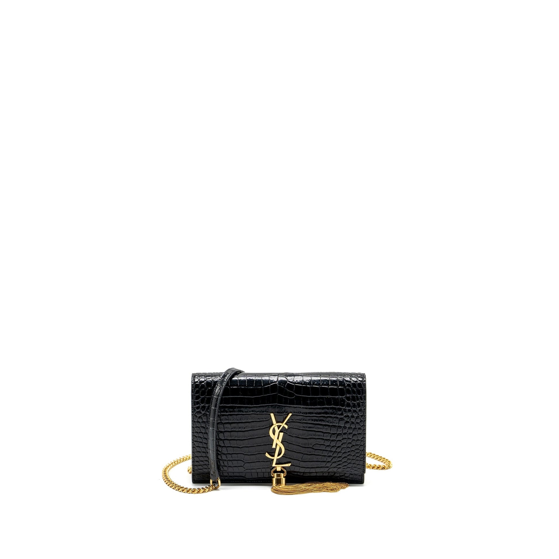 YSL Saint Laurent Kate Tassel Crocodile Embossed Calfskin Travel Bag Black