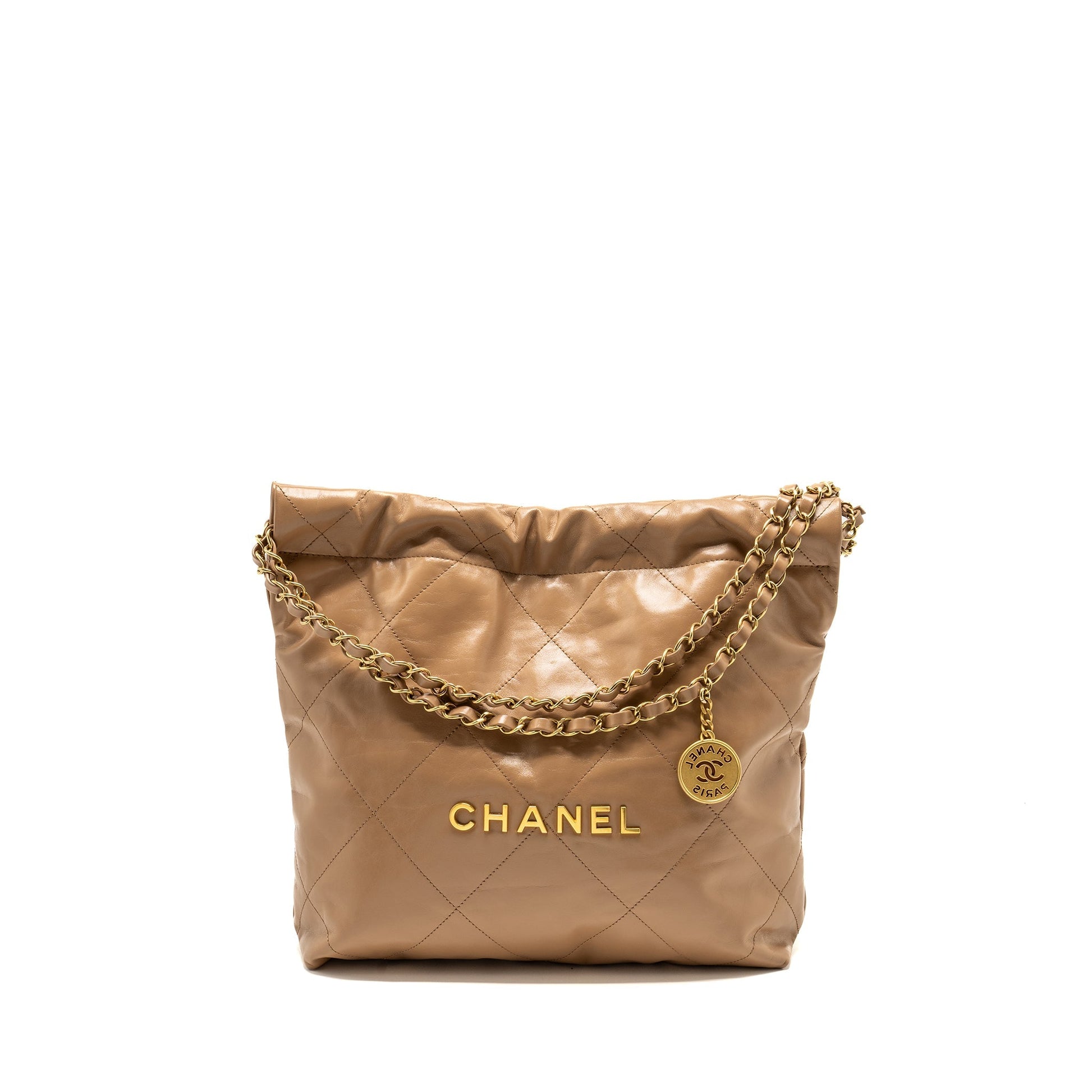 Chanel 22 Shiny Calfskin Dark GHW microchip Beige Small Handbag