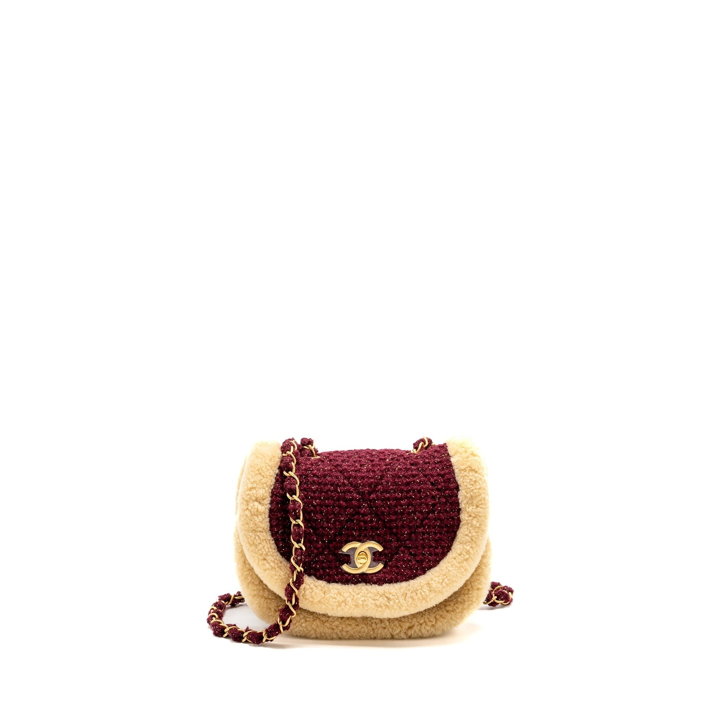 Chanel 22K Messenger Flap Shearling Tweed Burgundy Beige Shoulder Bag