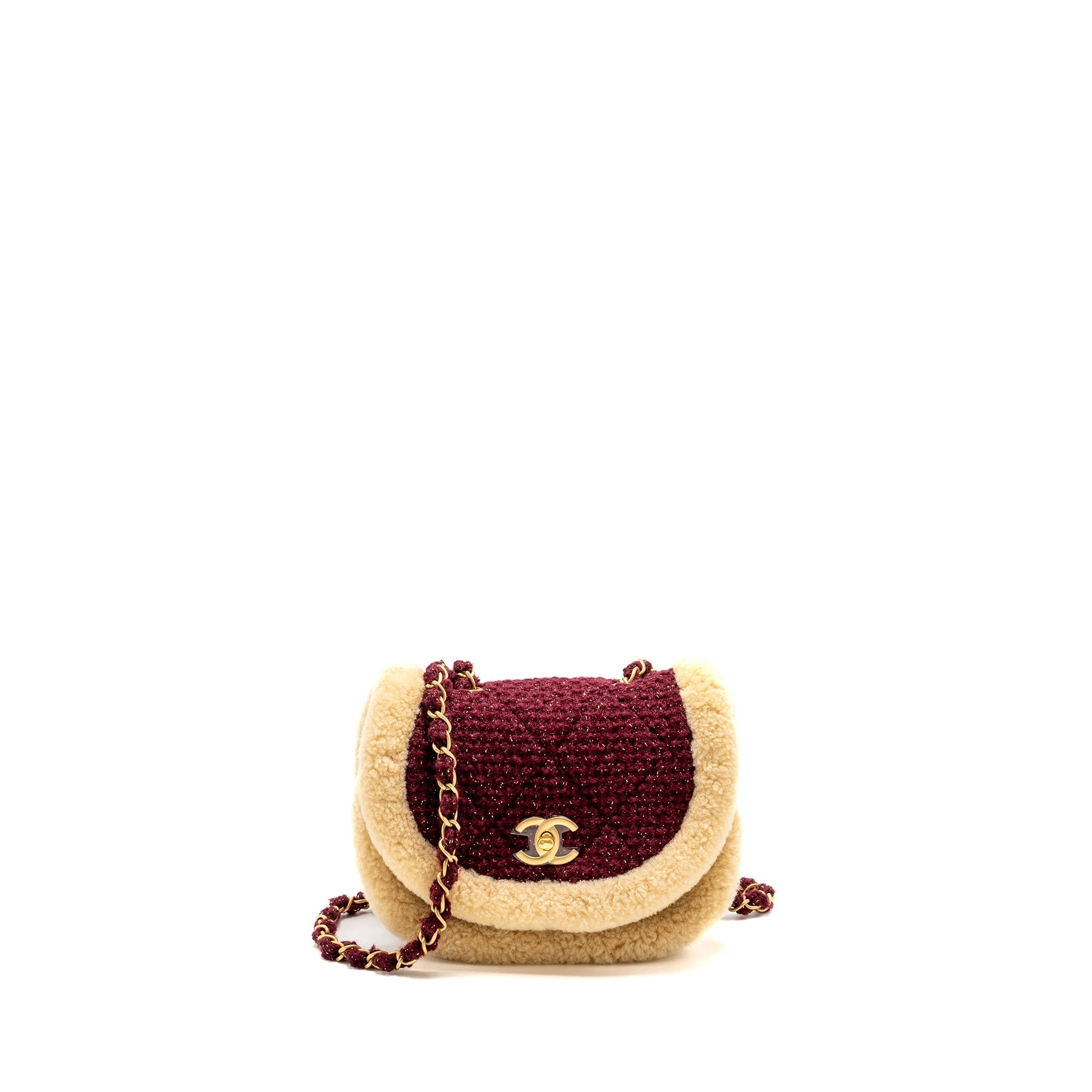 Chanel 22K Messenger Flap Shearling Tweed Burgundy Beige Shoulder Bag