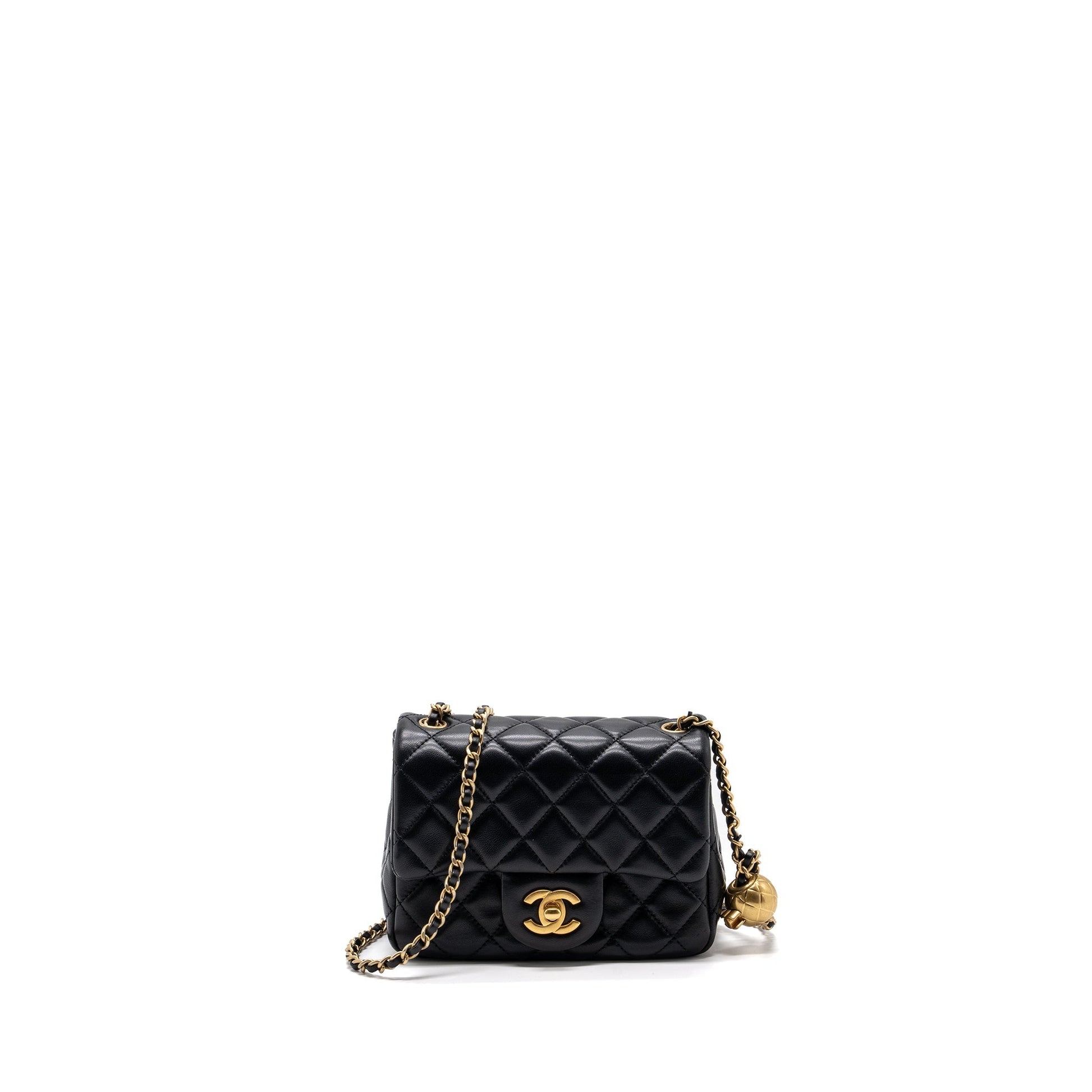 Chanel Pearl Crush Square Flap Lambskin GHW Black Shoulder Bag Black Ghwmicrochip