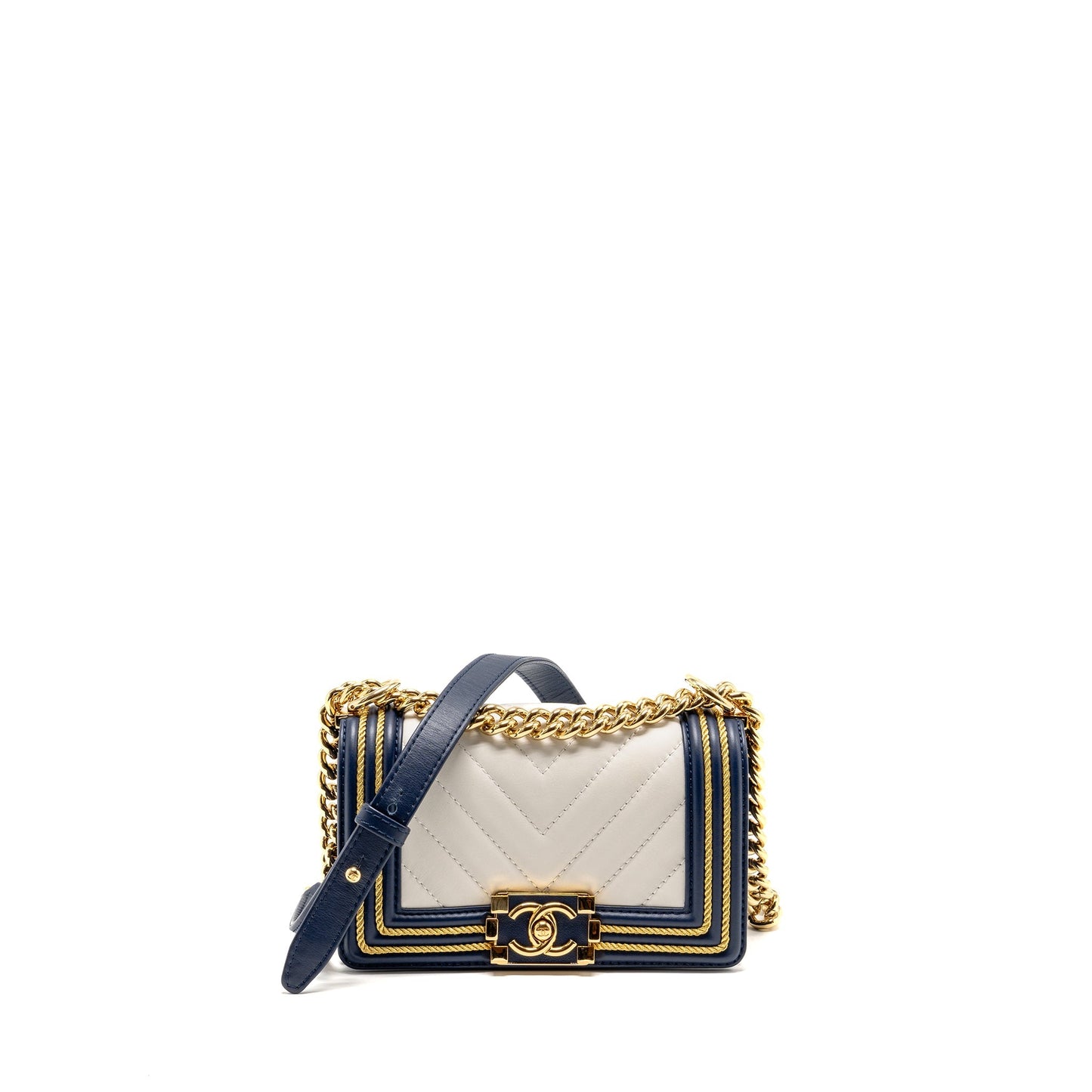 Chanel Chevron Boy Calfskin Navy GHW White Small Handbag