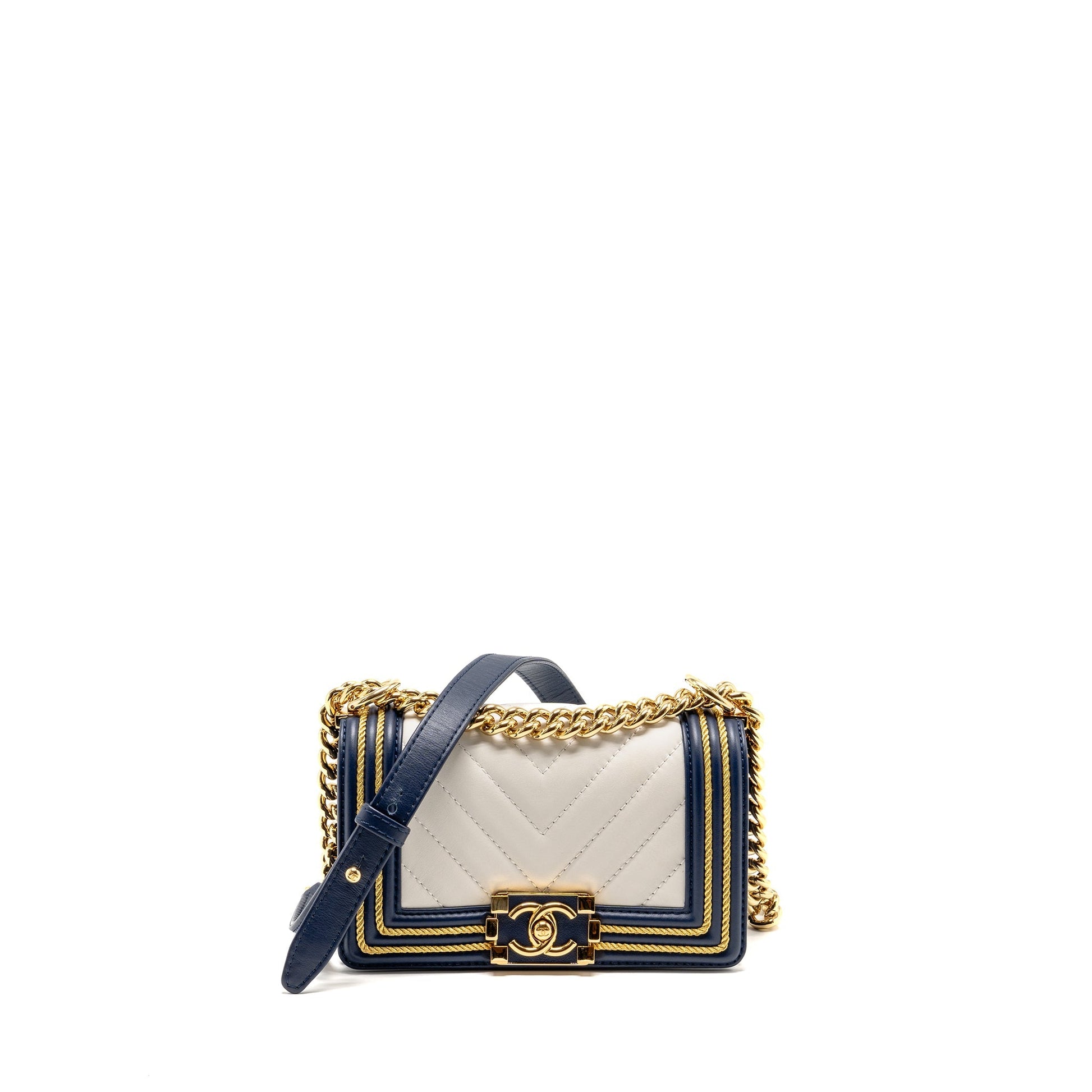 Chanel Chevron Boy Calfskin Navy GHW White Small Handbag