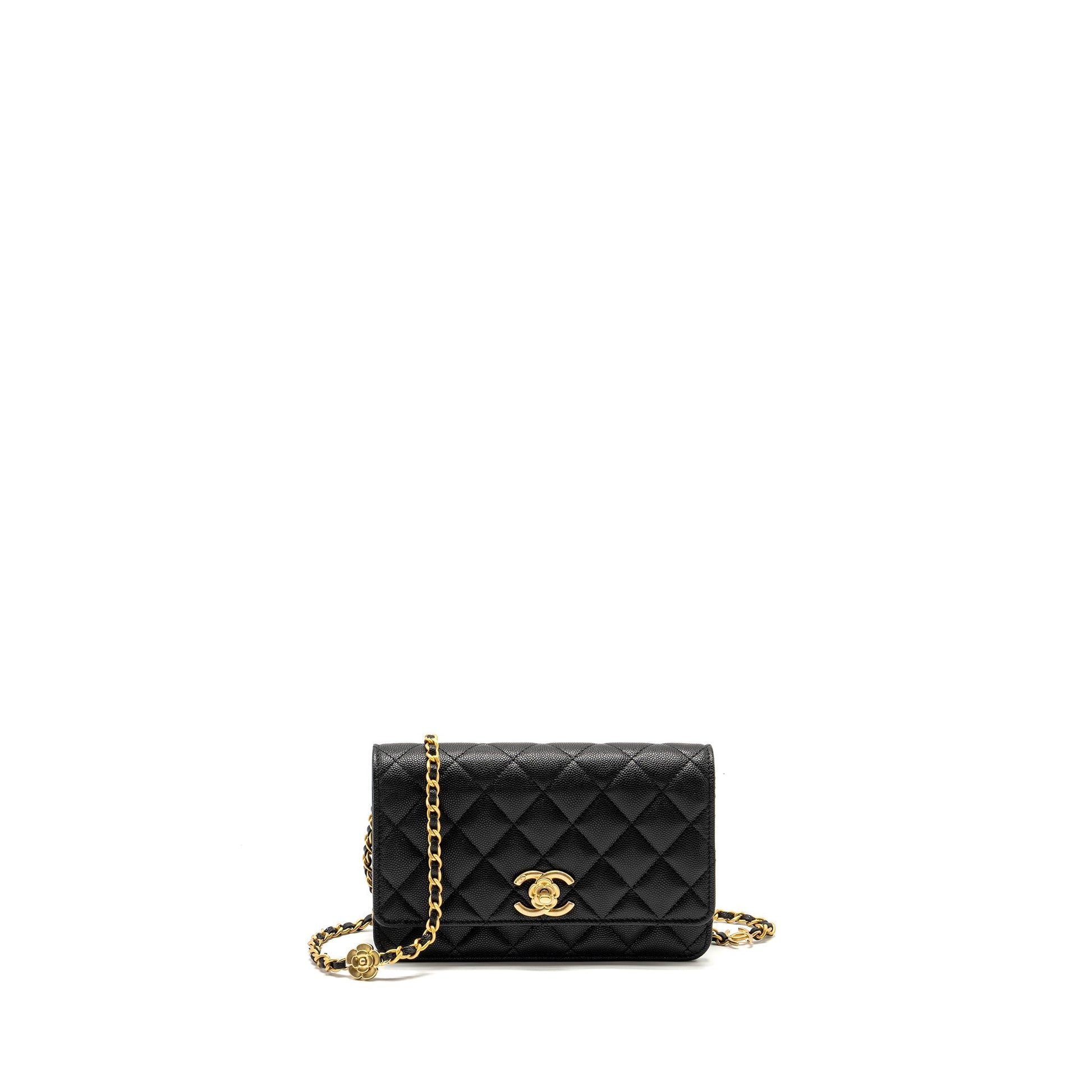Chanel Camellia on Caviar GHW Microchip Black Wallet Case