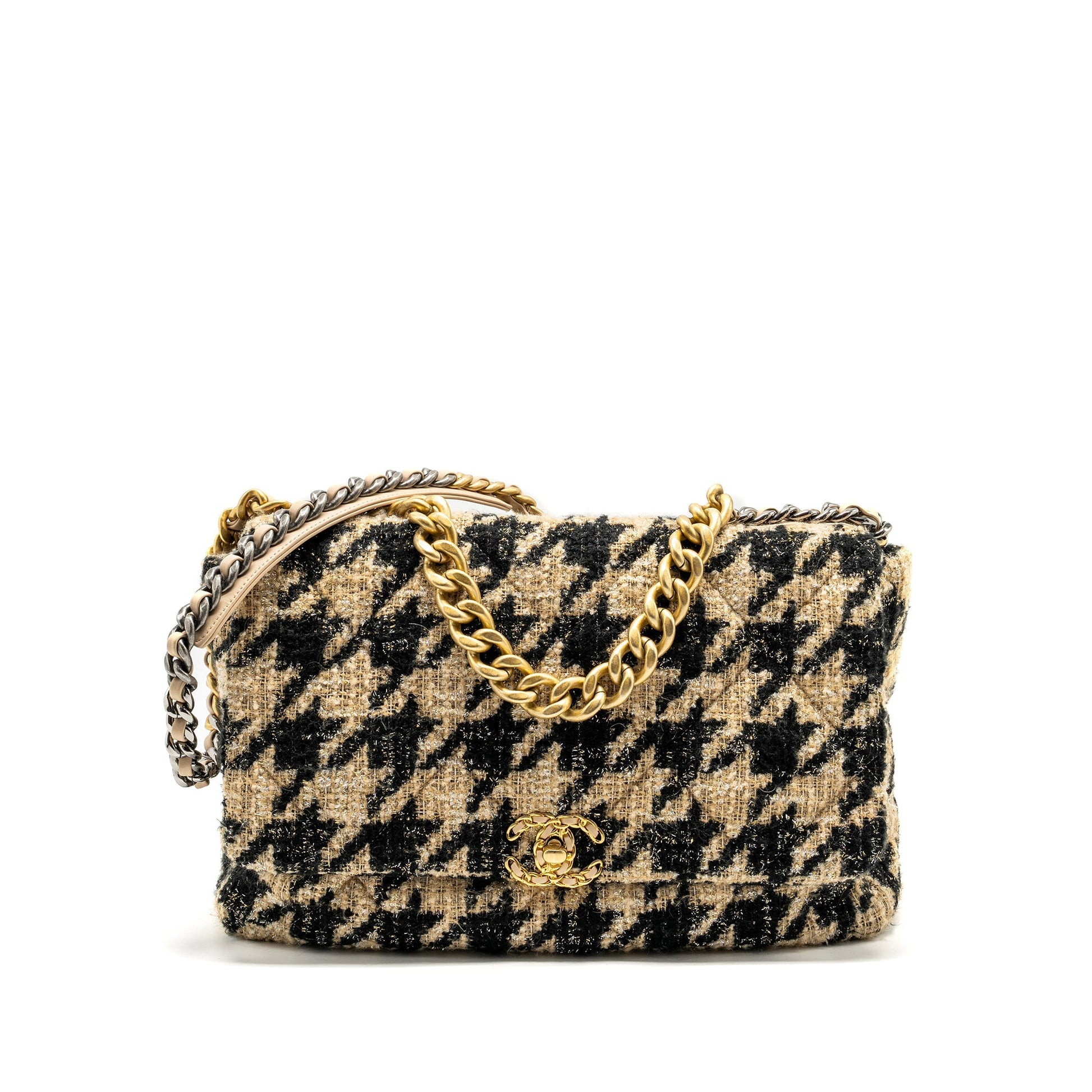 Chanel Maxi 19 Tweed Hardware Multicolour Black Beige Handbag