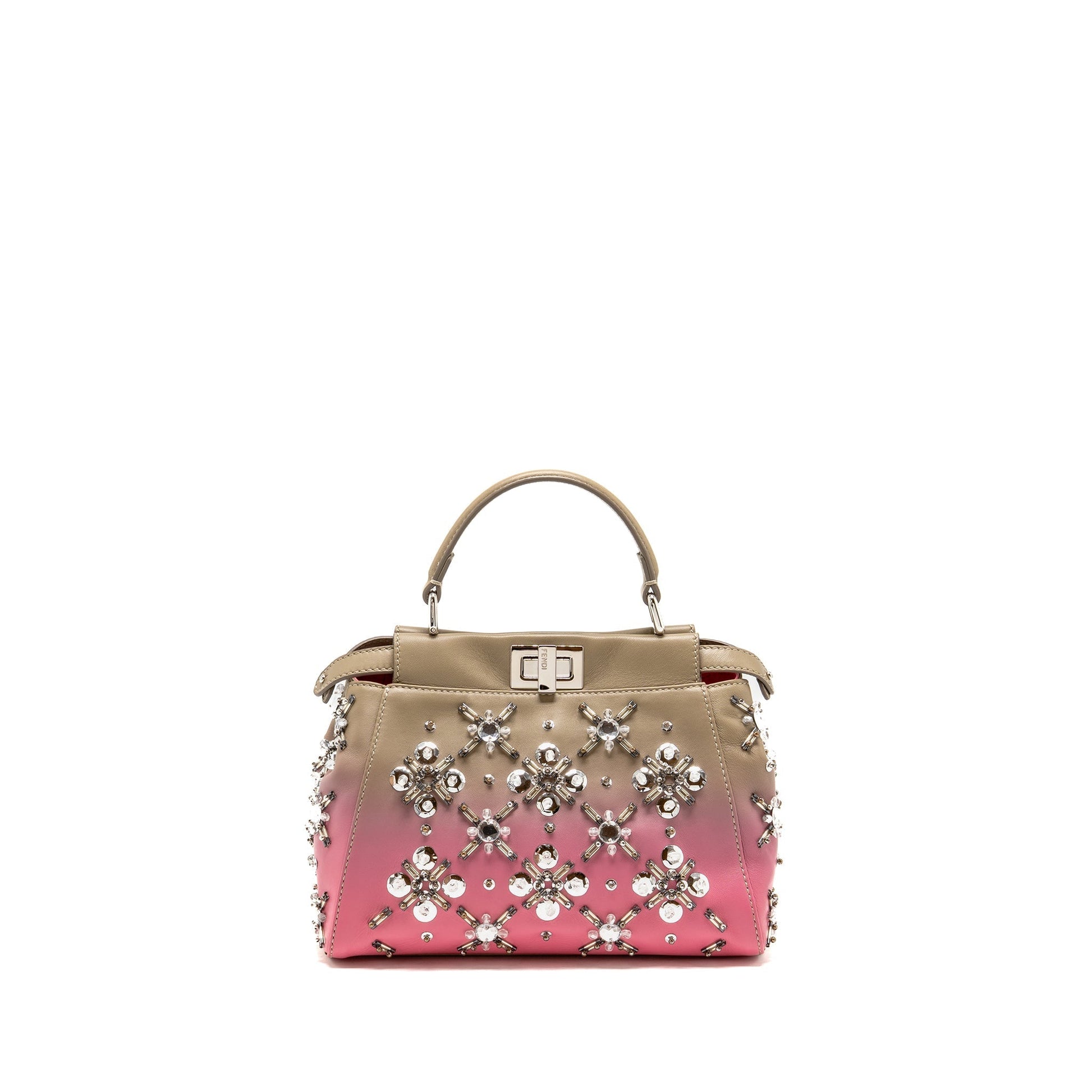 Fendi Peekaboo Purse Crystal Embellished Ombre Taupe Leather Pink Mini Travel Bag