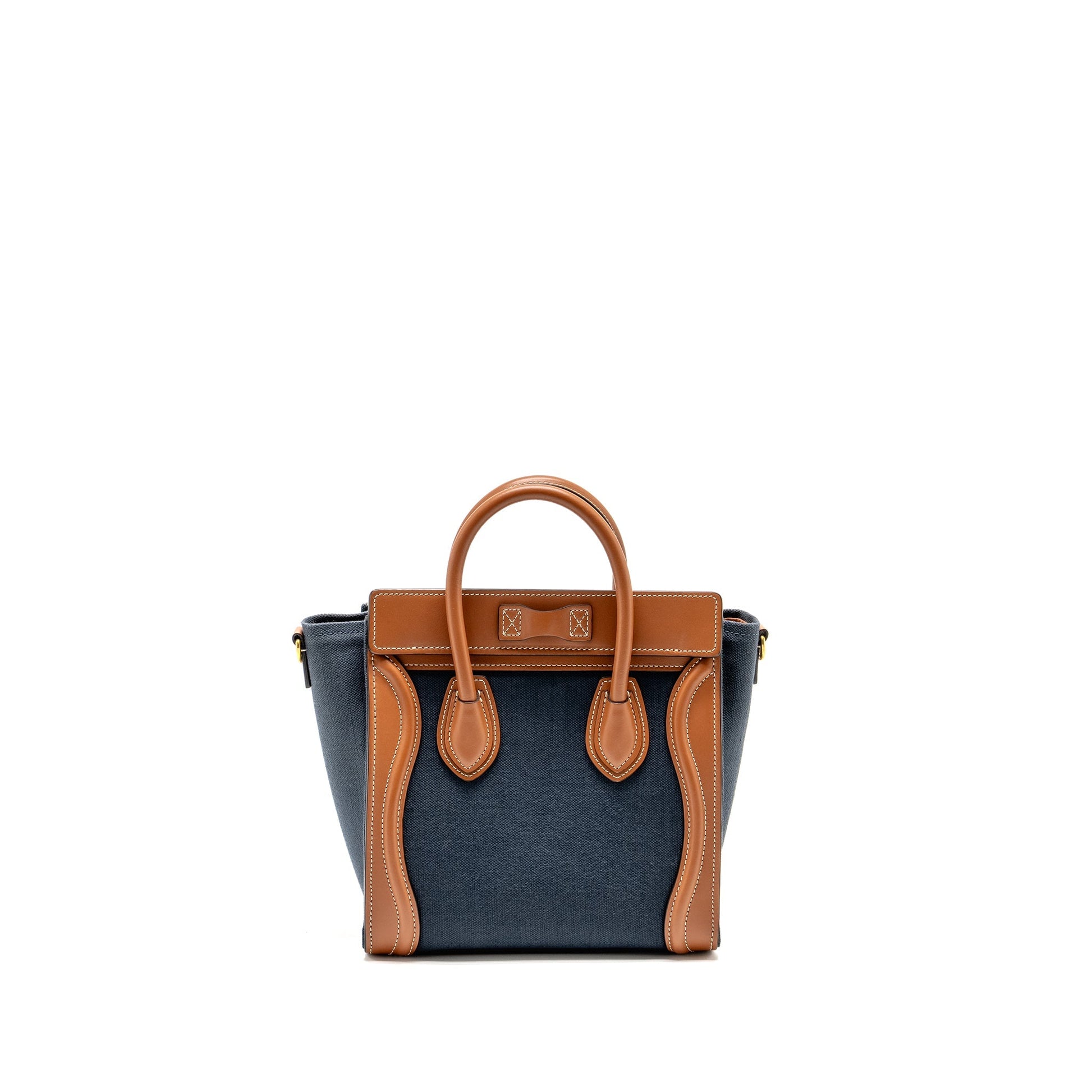 Celine Nano Luggage Purse Calfskin Navy Handbag Denim Tan Travel Bag