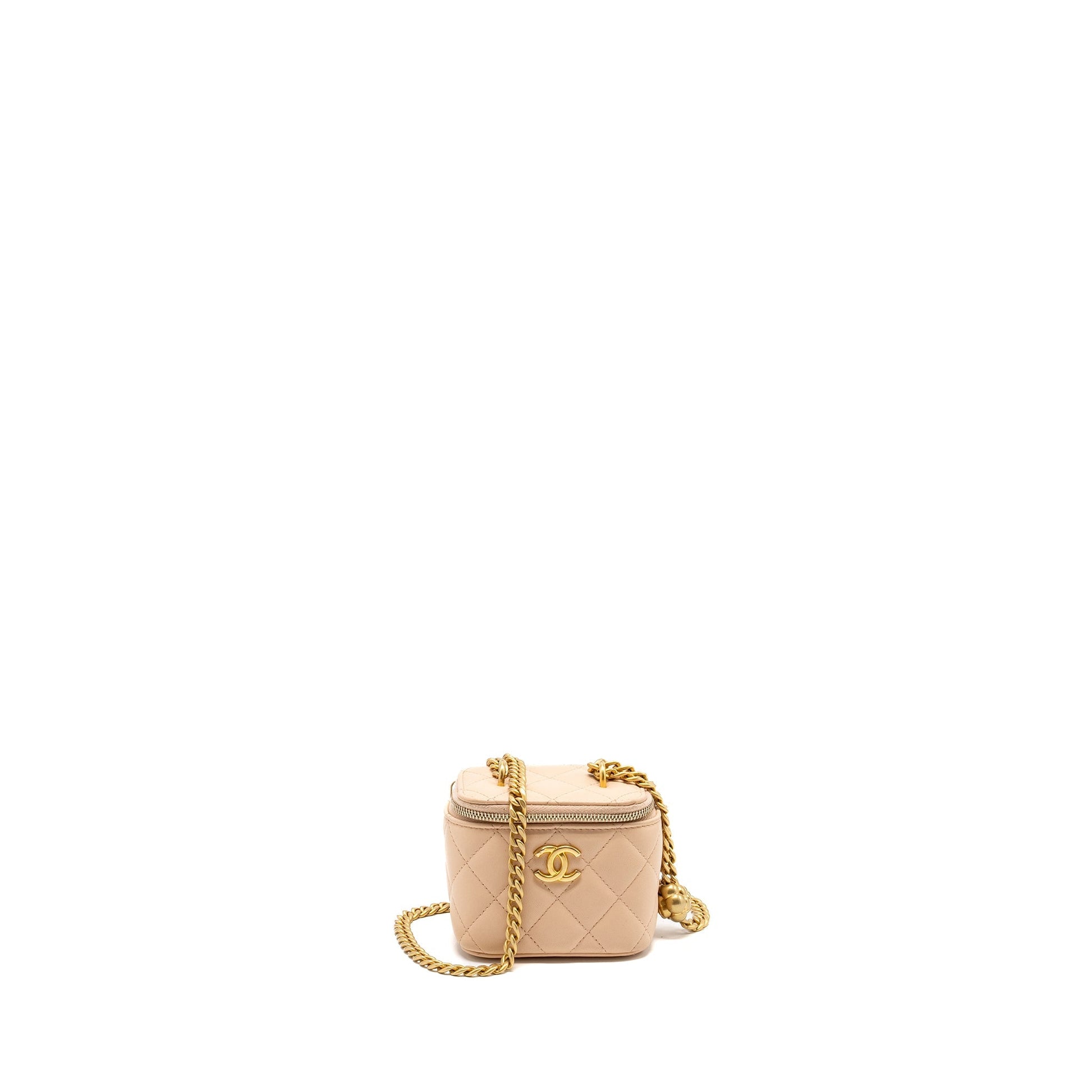 Chanel Vanity Camellia Adjustable Lambskin GHW Microchip Beige Mini Bag