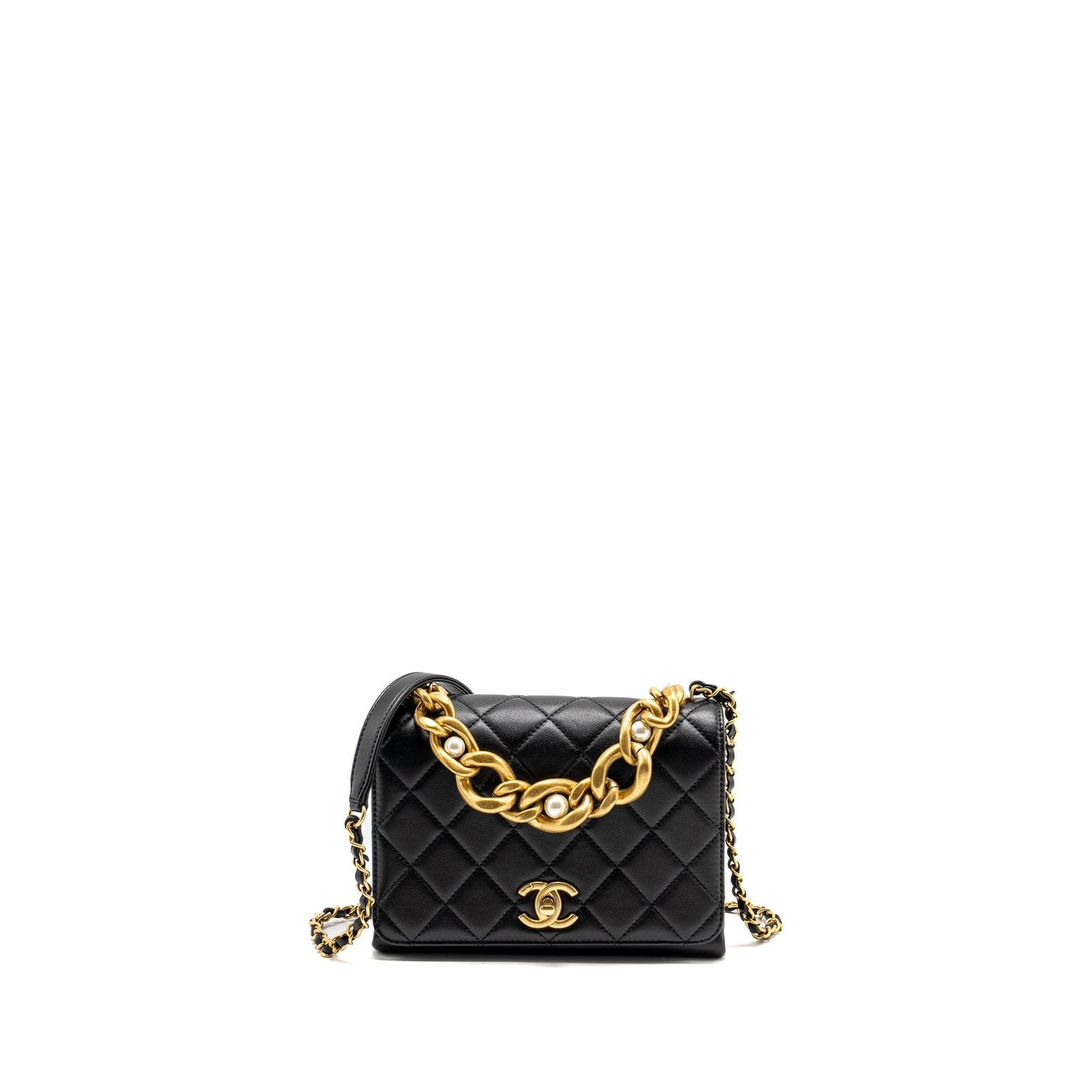 Chanel Seasonal Flap Giant Handle Pearl Calfskin Black Shoulder Bag Ghw Microchip