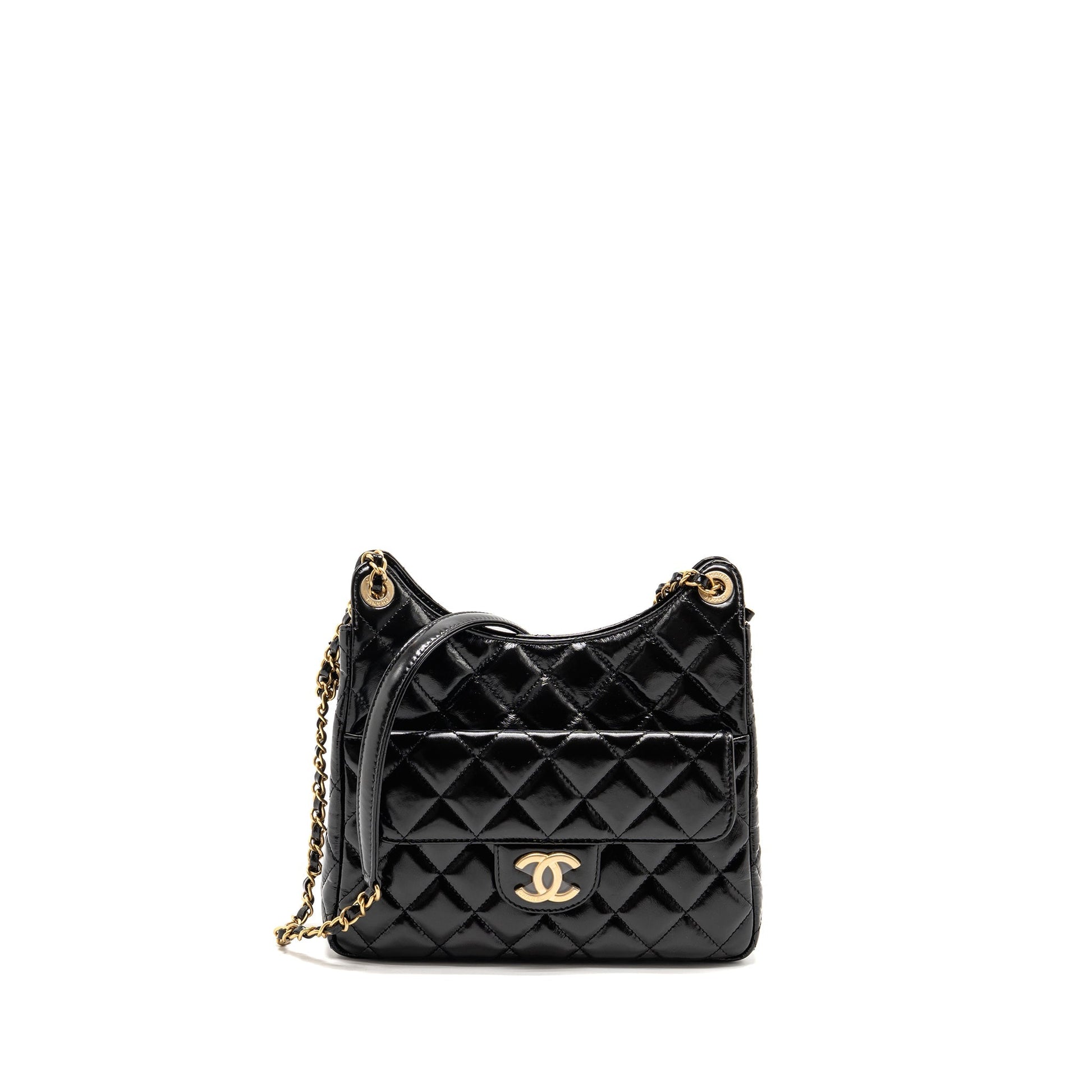 Chanel Hobo Shiny Calfskin Brushed GHW Black Shoulder Bag