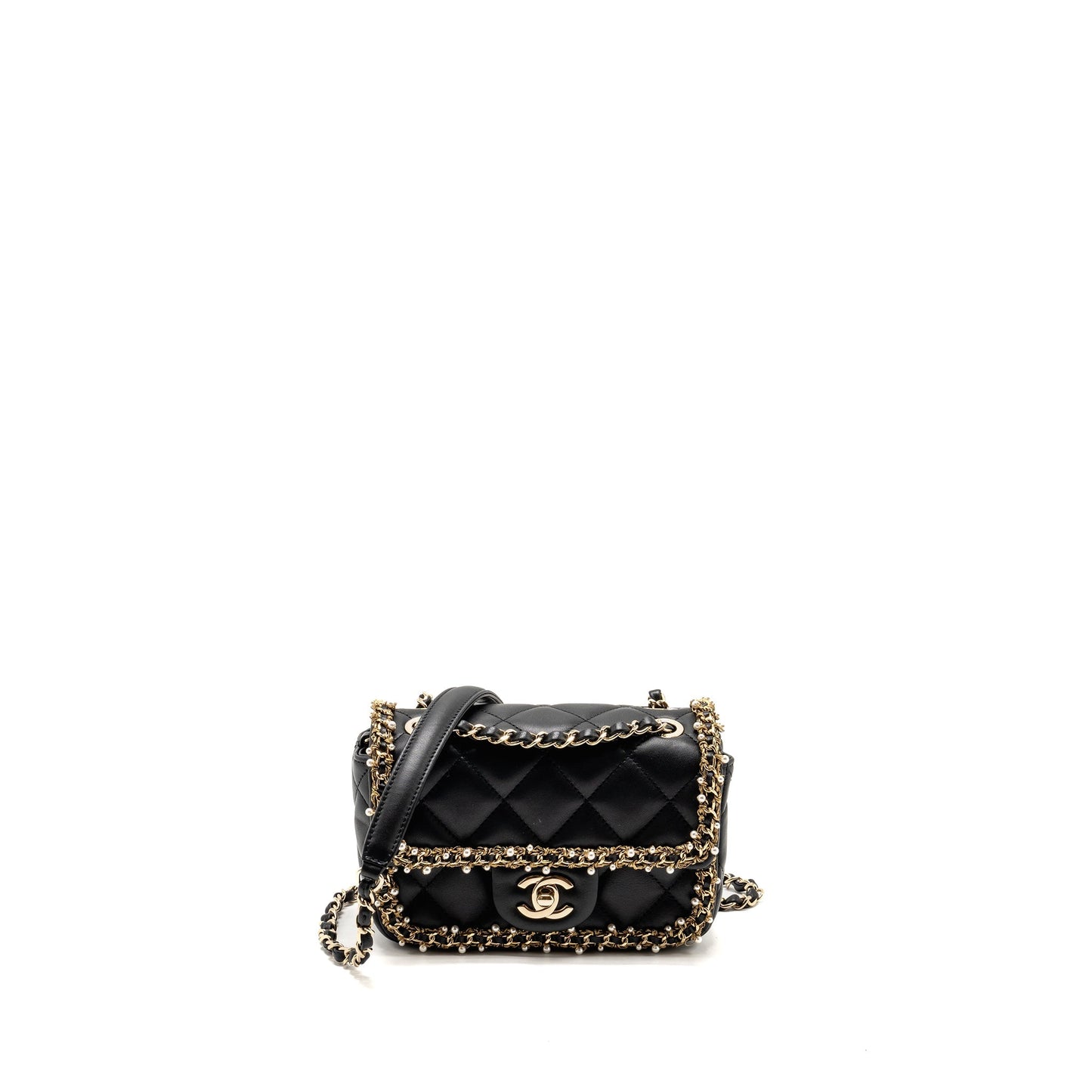 Chanel Pearl Detailed Edge Flap Lambskin LGHW Black Shoulder Bag