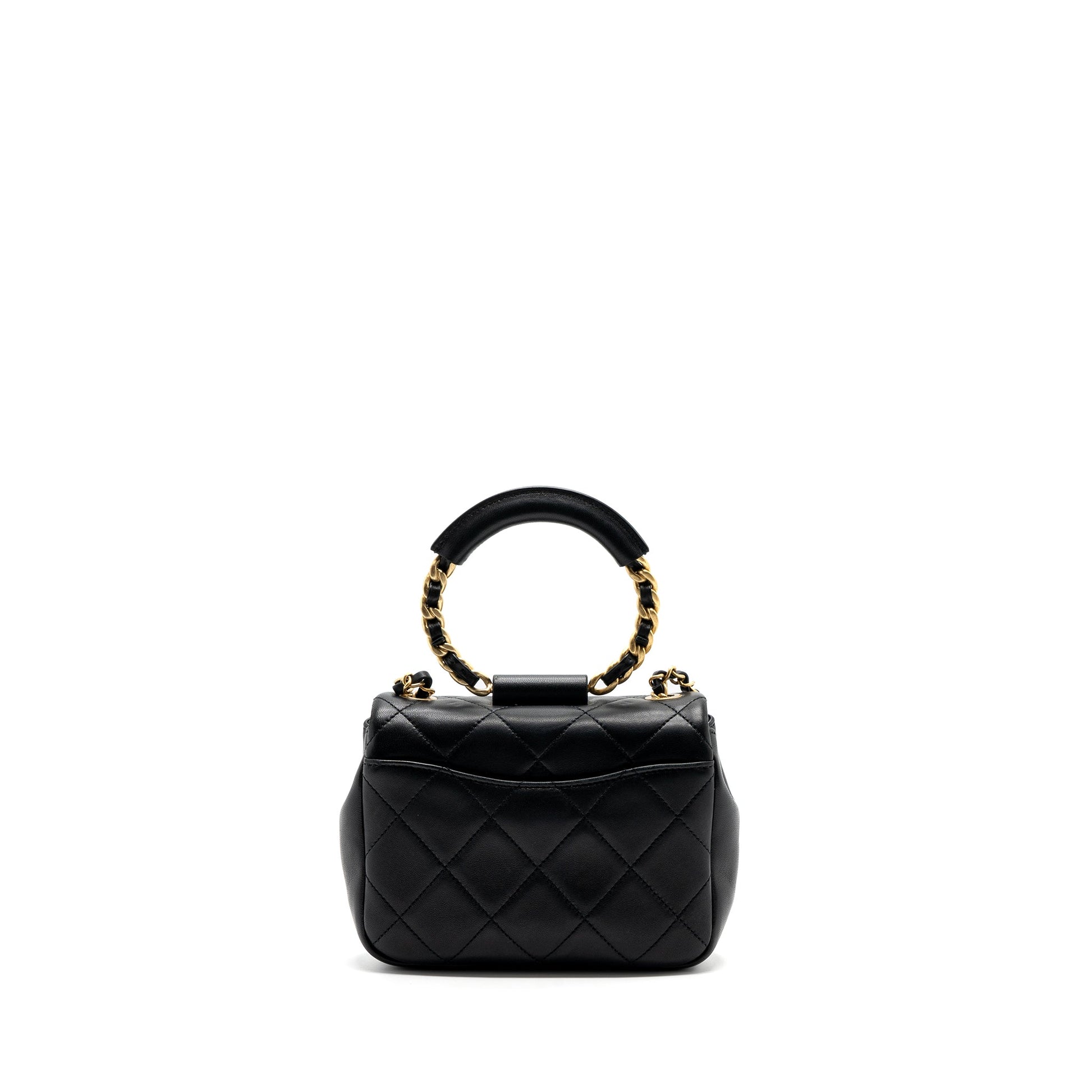 Chanel CIRCULAR HANDLE QUILTED FLAP LAMBSKIN BRUSHED Black Shoulder Bag Ghw 1