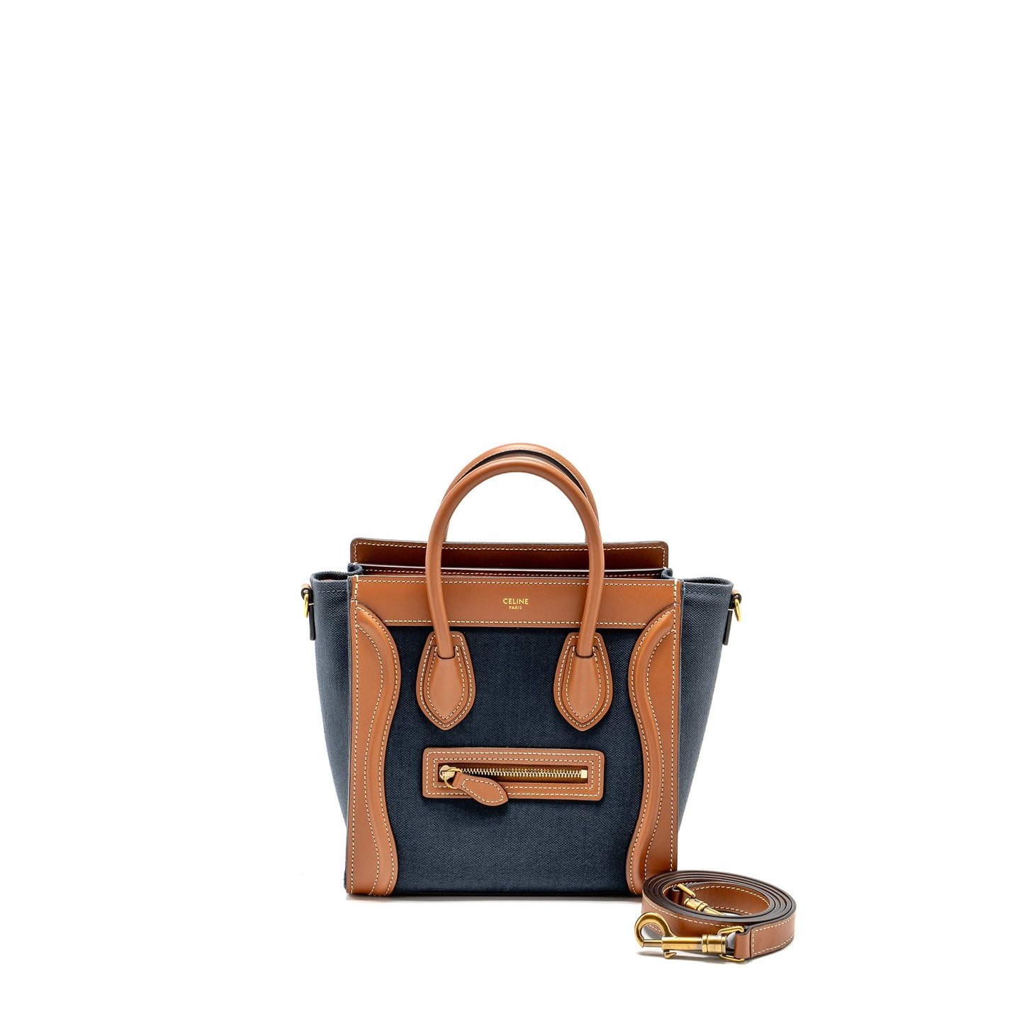 Celine Nano Luggage Purse Calfskin Navy Handbag Denim Tan Travel Bag