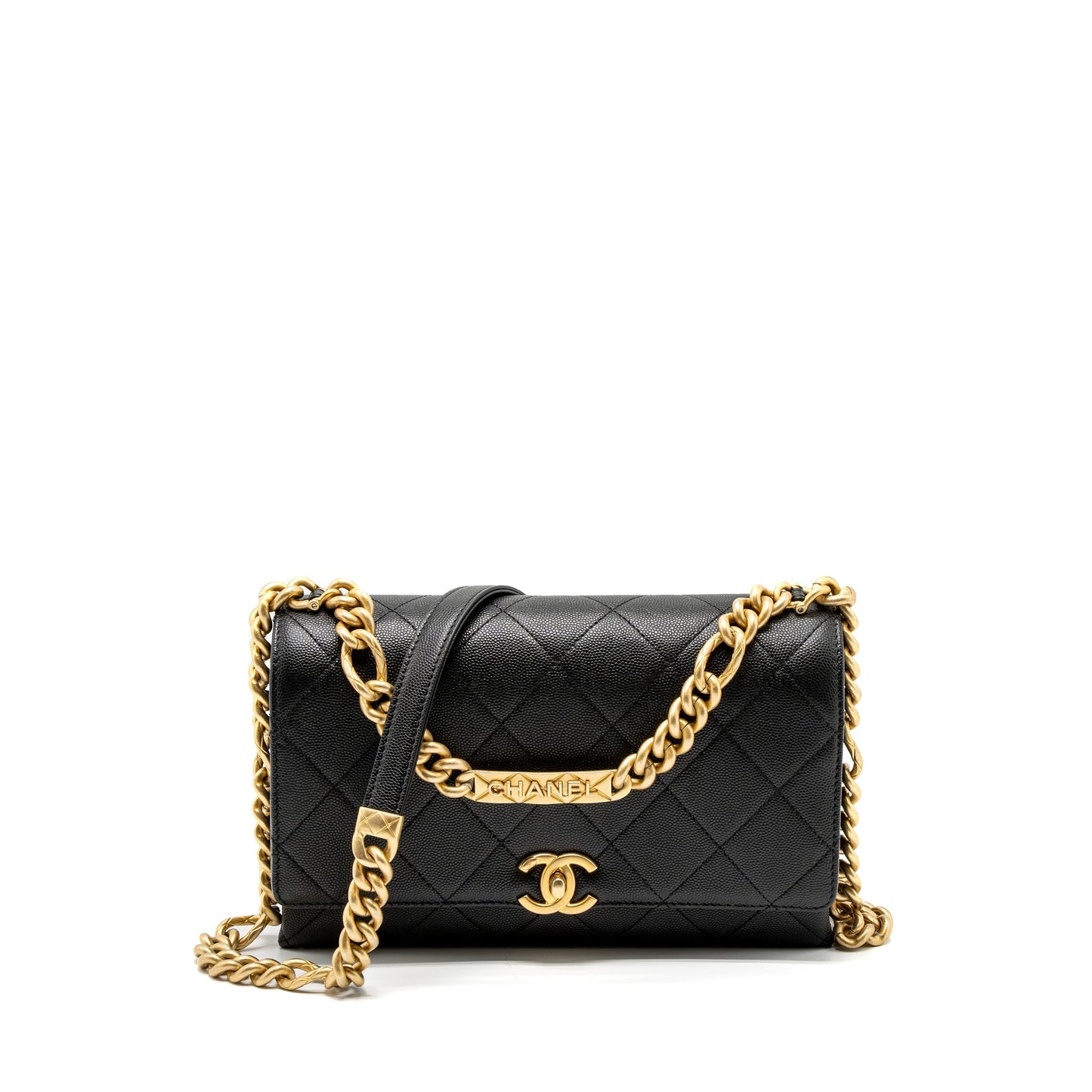 Chanel Flap Detail Grained Calfskin Brushed GHW Black Shoulder Bag