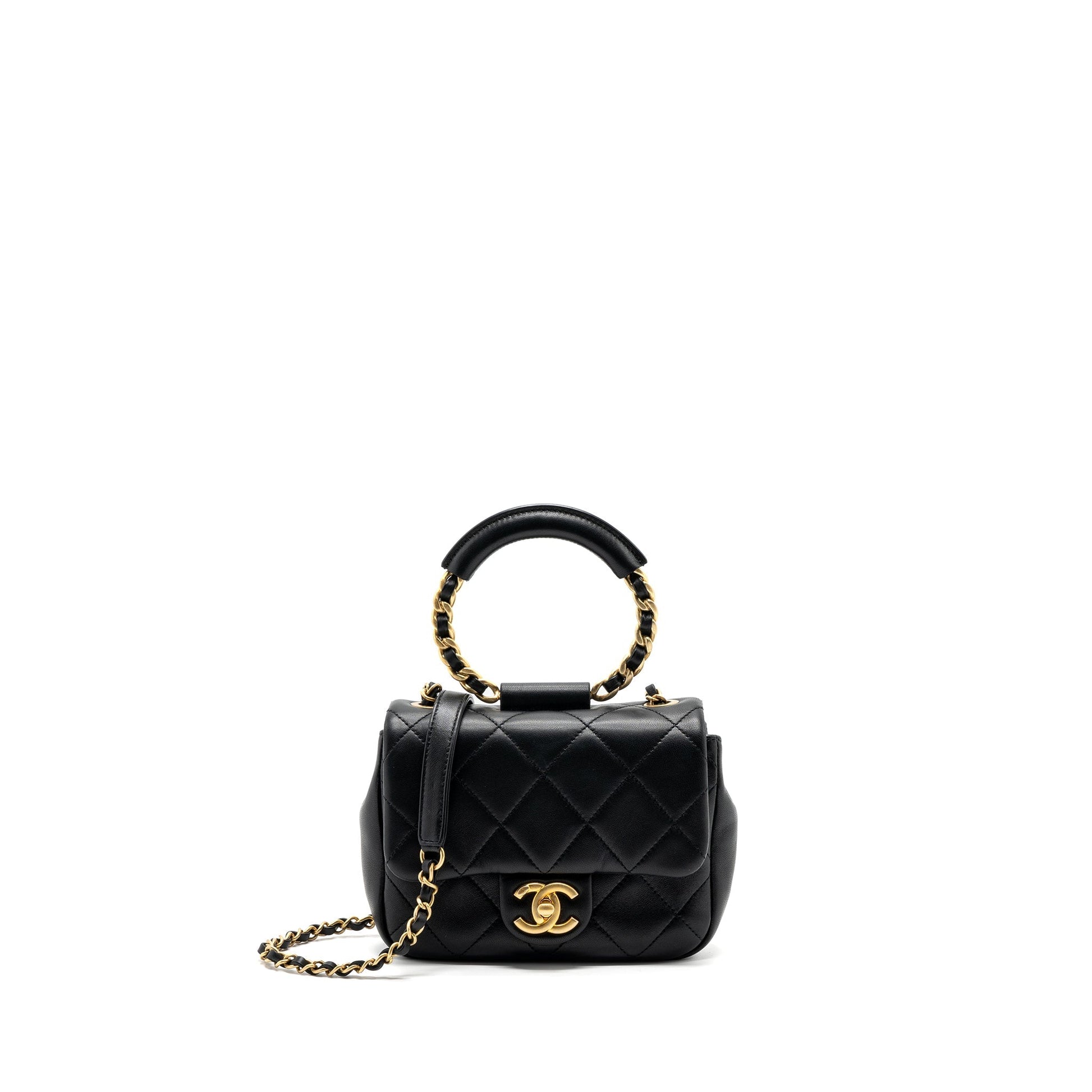 Chanel CIRCULAR HANDLE QUILTED FLAP LAMBSKIN BRUSHED Black Shoulder Bag Ghw 1