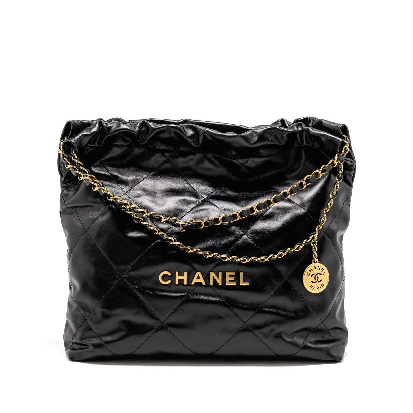 Chanel 22 Letter Shiny Calfskin GHW microchip Black Gold Handbag 22 Black