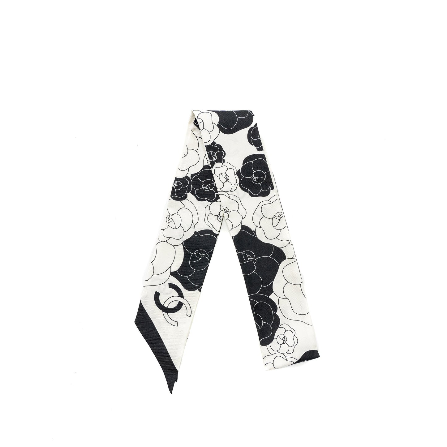 Chanel silk scarf twilly CC logo Black White Small