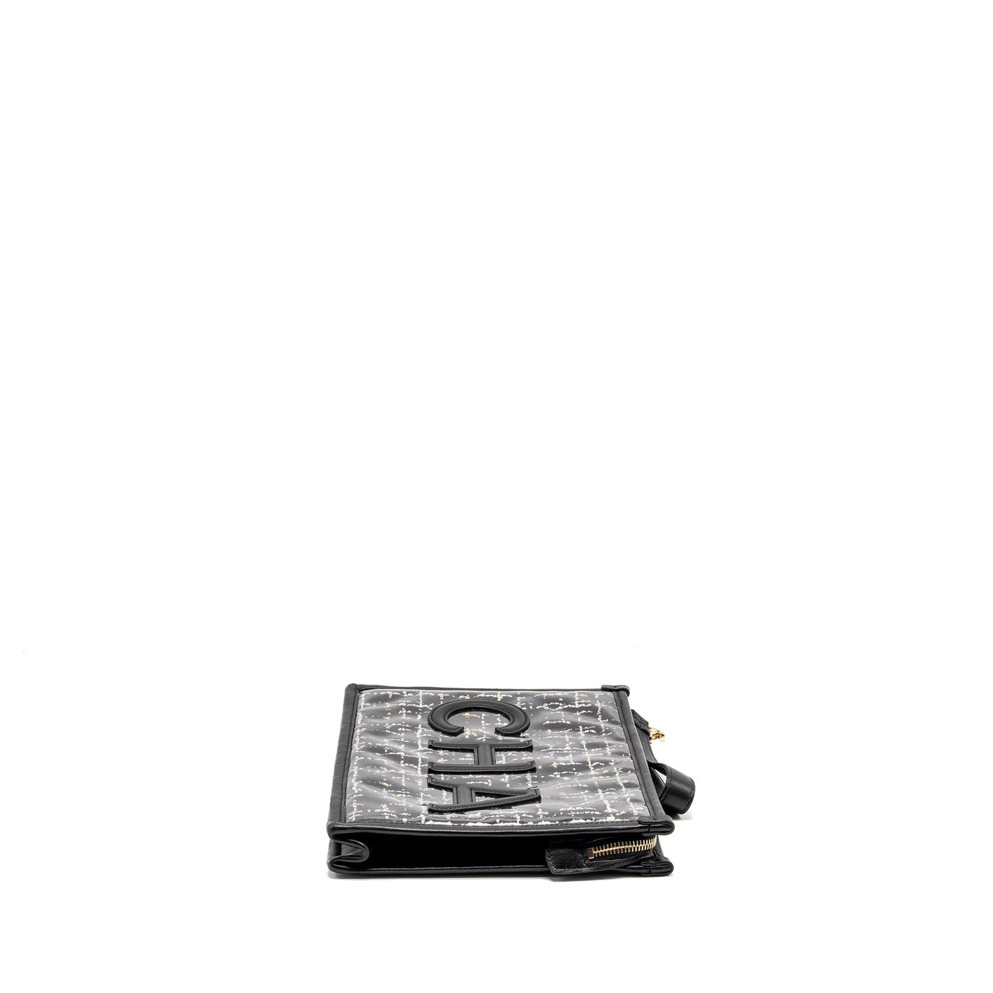 Chanel Letter Logo Tweed PVC Lambskin LGHW Black Clutch Bag