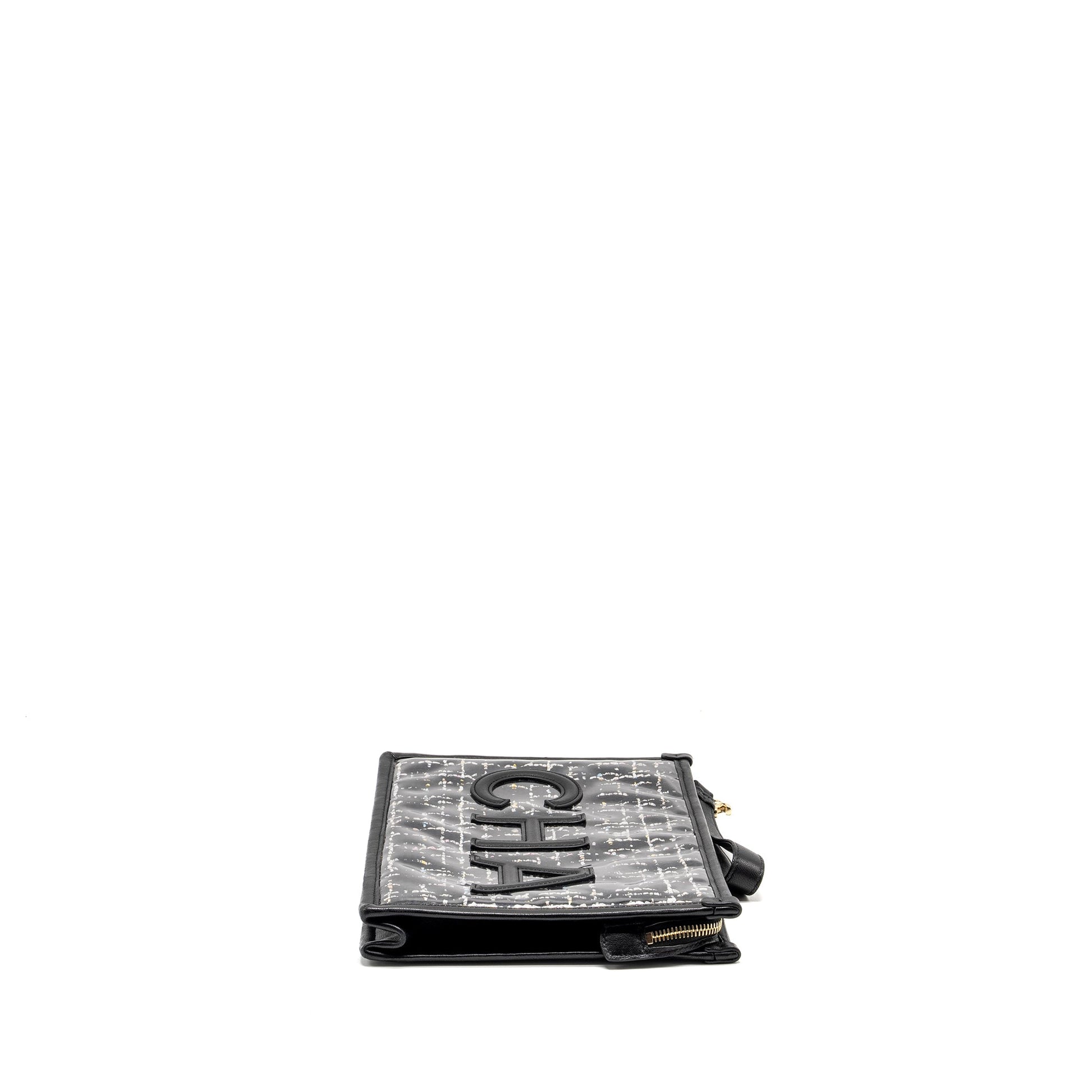 Chanel Letter Logo Tweed PVC Lambskin LGHW Black Clutch Bag