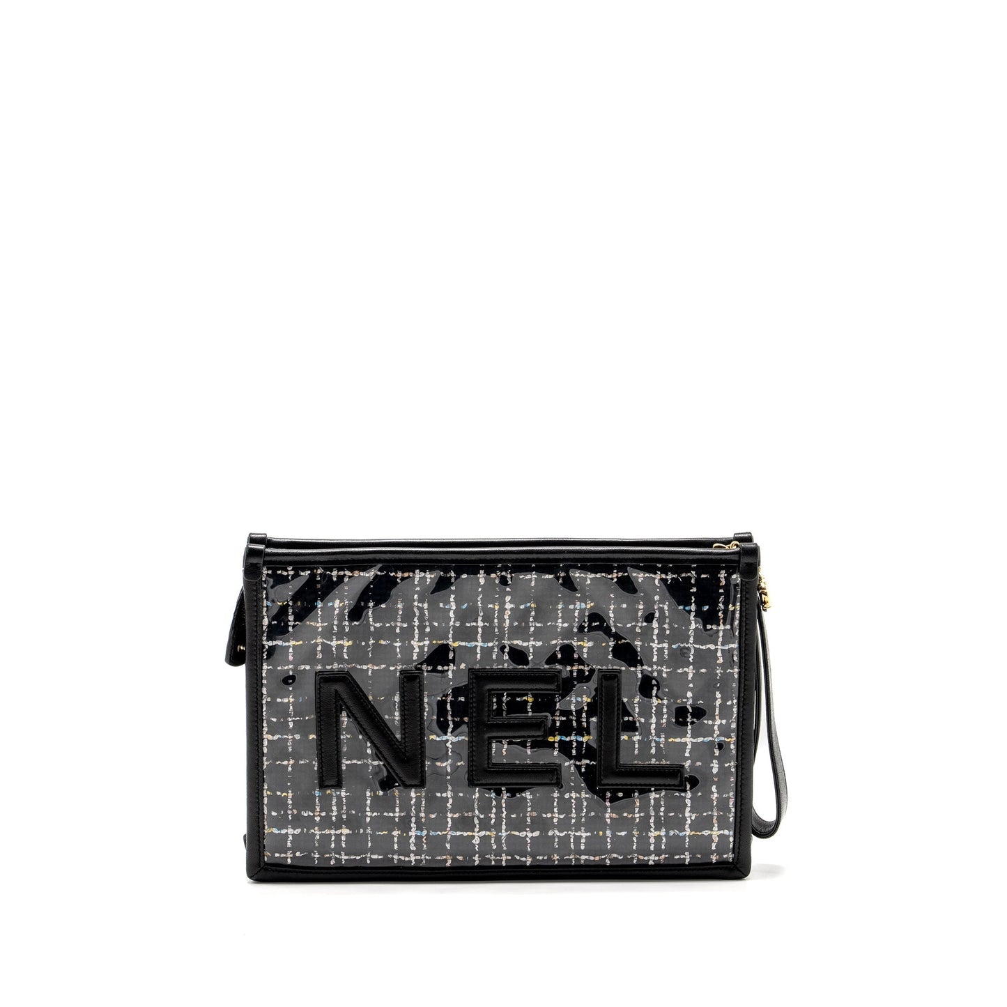 Chanel Letter Logo Tweed PVC Lambskin LGHW Black Clutch Bag
