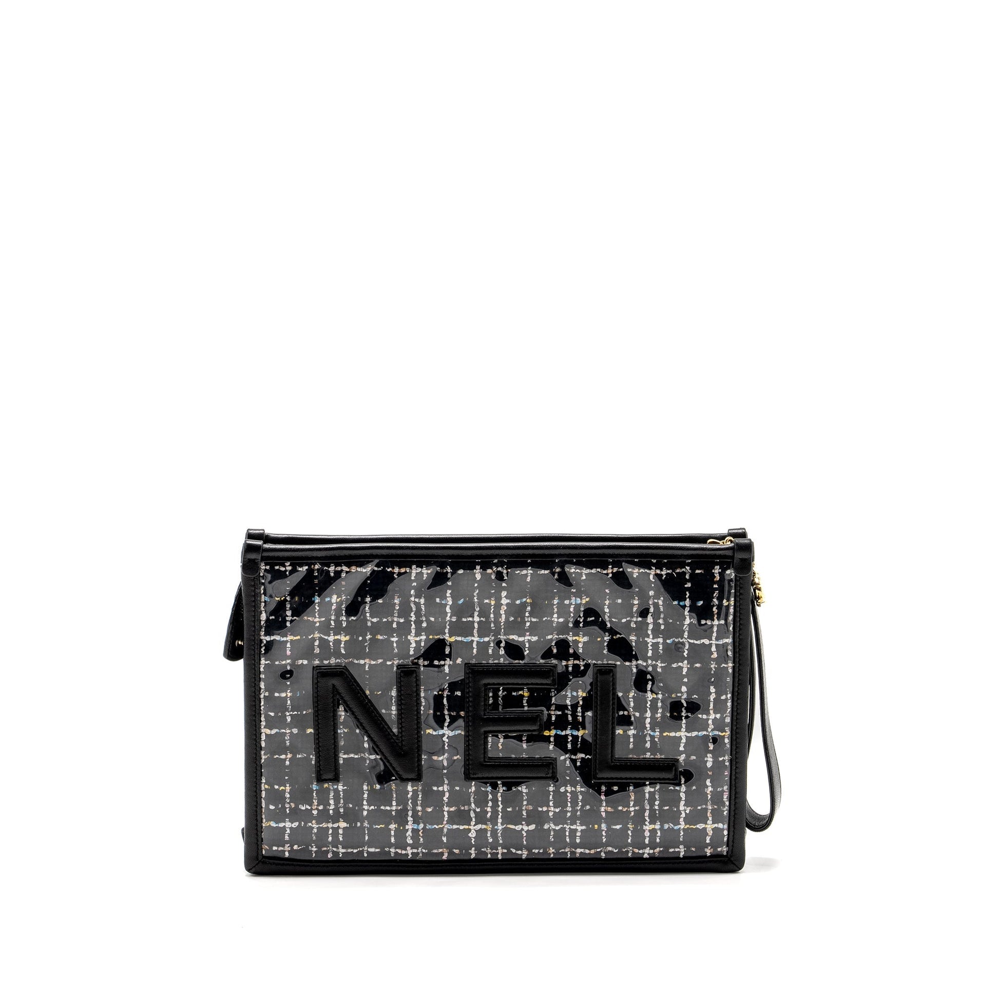 Chanel Letter Logo Tweed PVC Lambskin LGHW Black Clutch Bag