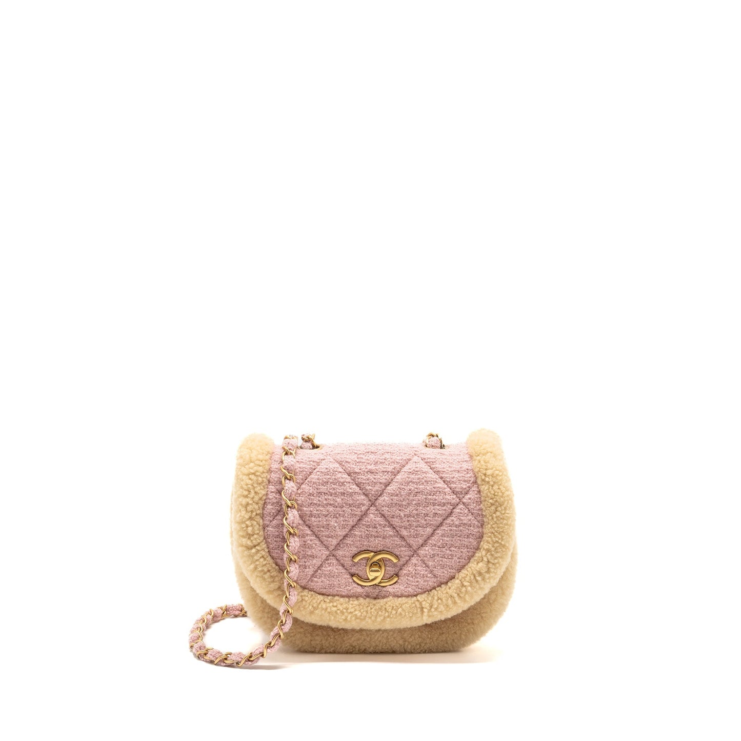 Chanel 22K Cozy Coco Round Flap Tweed Pink Shoulder Bag