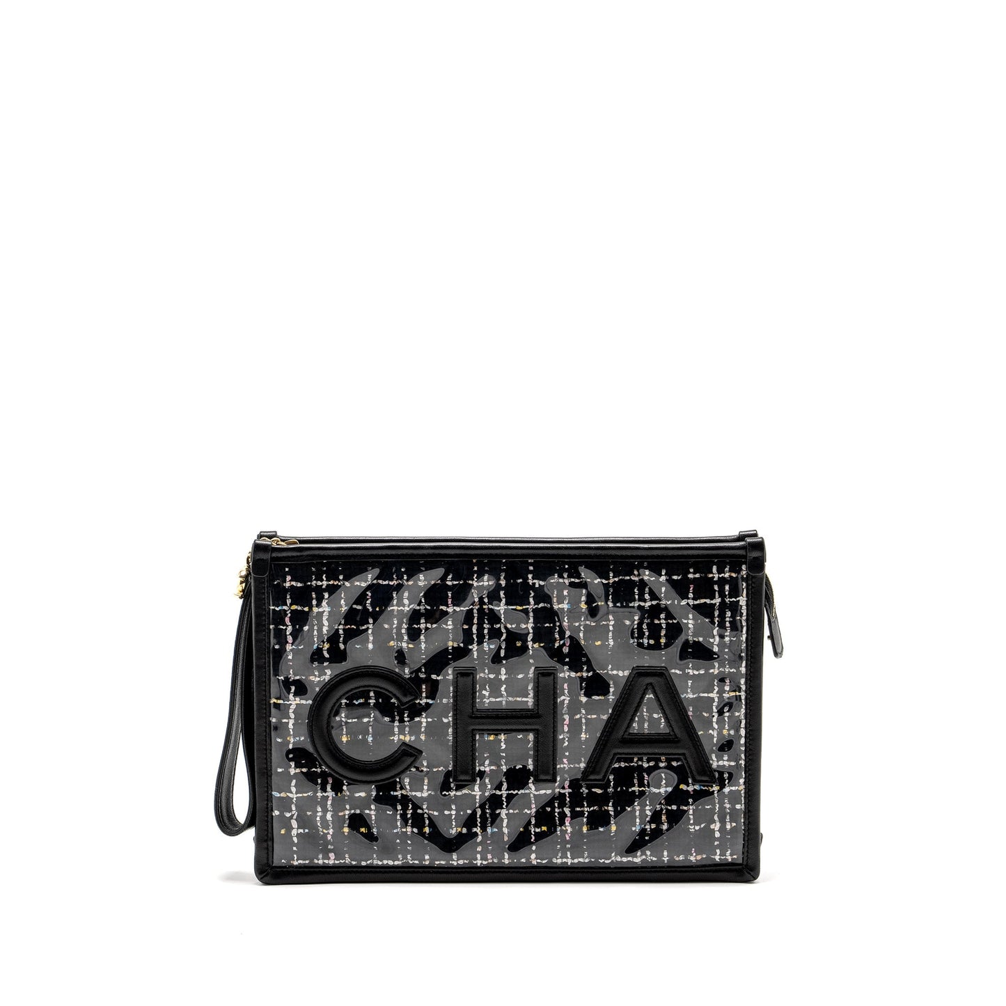 Chanel Letter Logo Tweed PVC Lambskin LGHW Black Clutch Bag