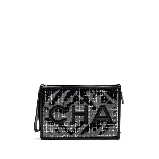 Chanel Letter Logo Tweed PVC Lambskin LGHW Black Clutch Bag