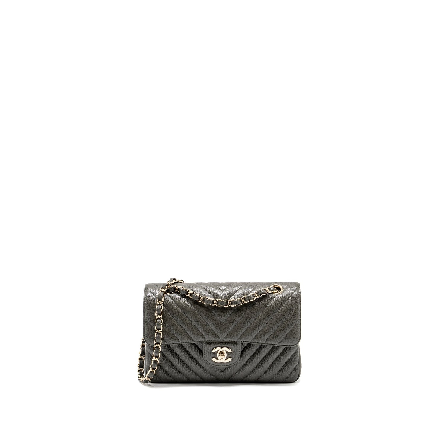 Chanel Classic Double Flap Chevron Caviar Dark Grey Small Shoulder Bag