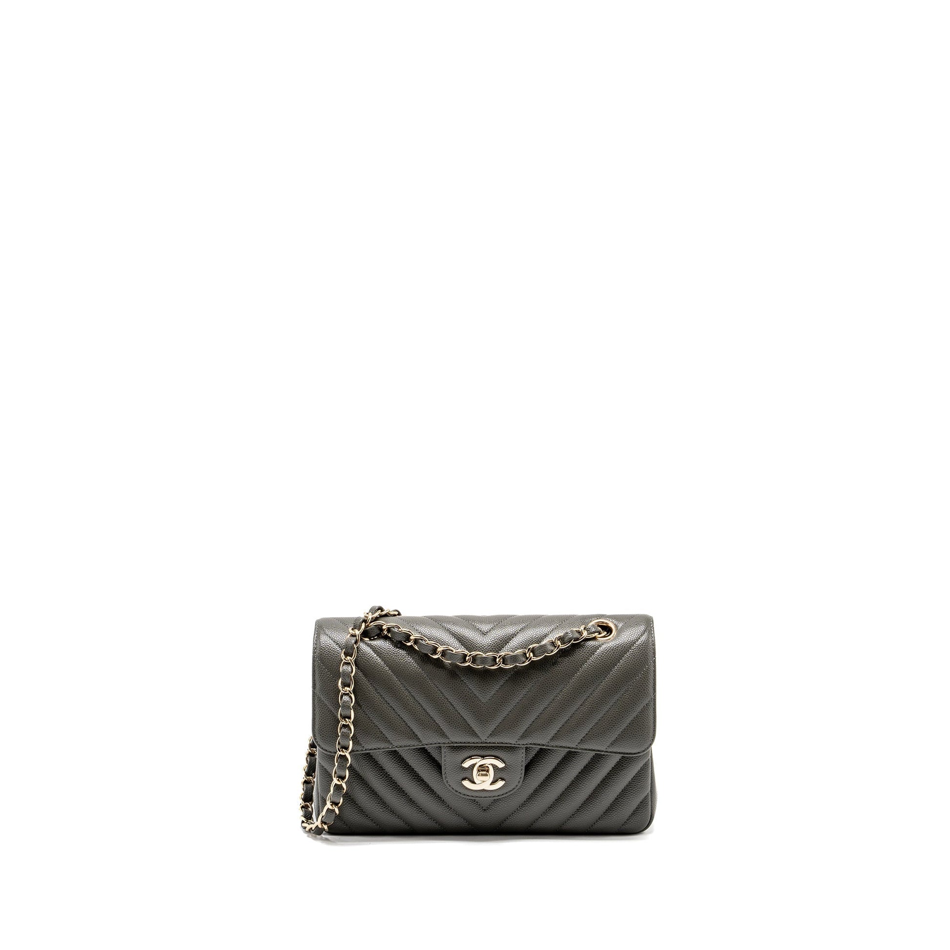 Chanel Classic Double Flap Chevron Caviar Dark Grey Small Shoulder Bag