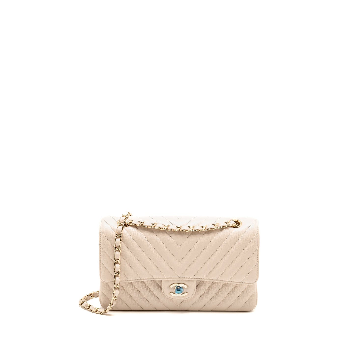 Chanel Classic Double Flap Chevron Caviar Light Beige Shoulder Bag