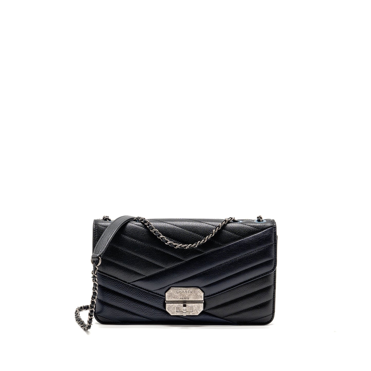 Chanel Envelop ck Navy Ruthenium Hardware Black Silver Shoulder Bag