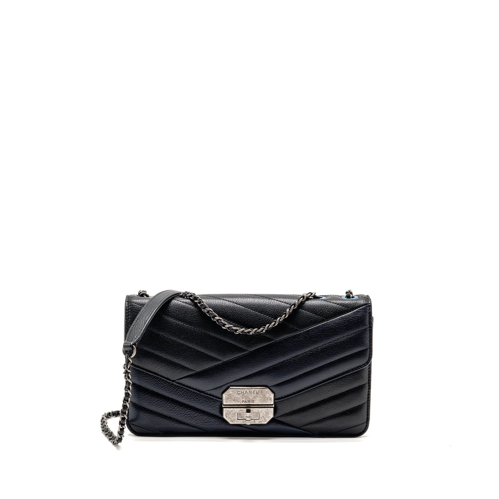 Chanel Envelop ck Navy Ruthenium Hardware Black Silver Shoulder Bag