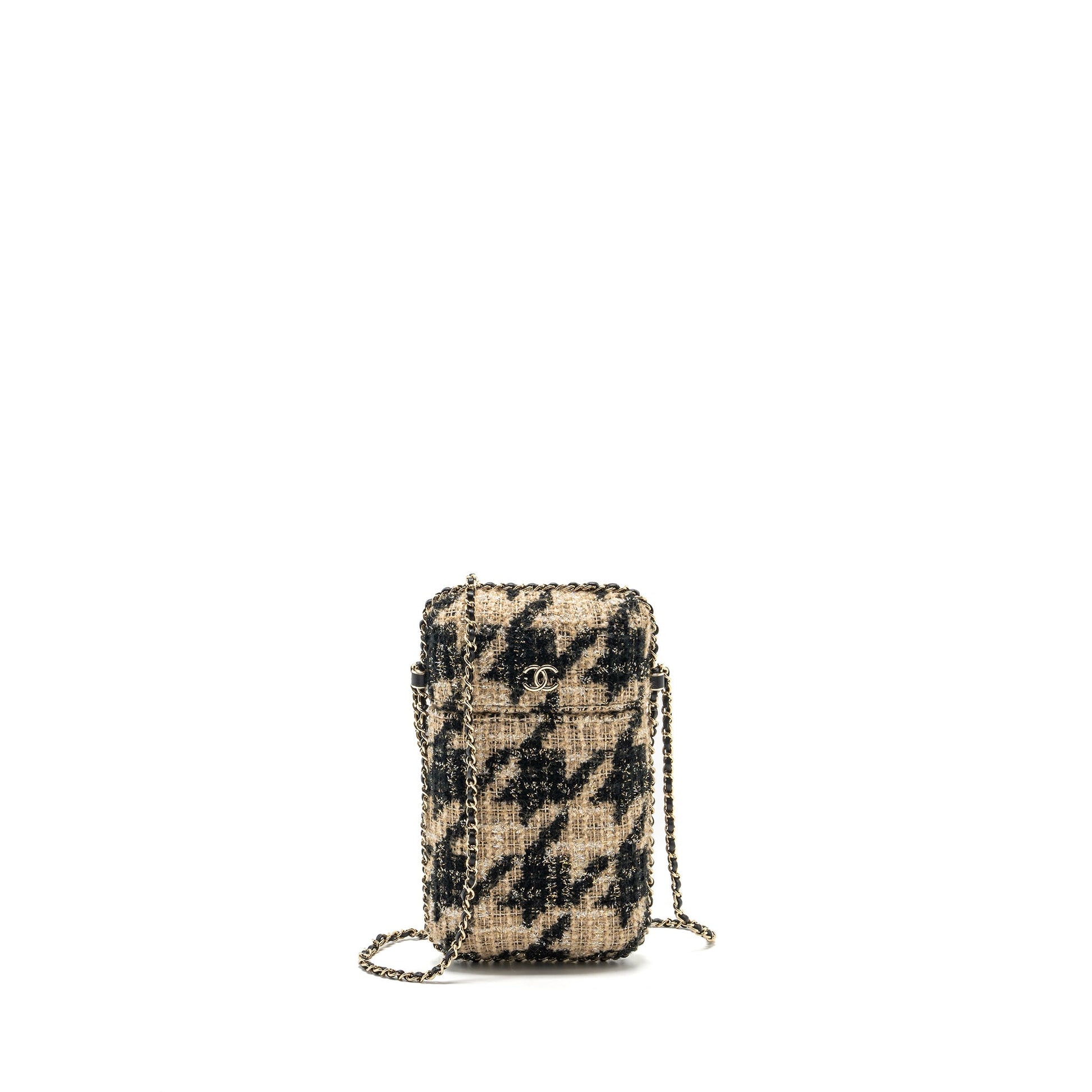 Chanel Vertical Phone Tweed LGHW Black Beige Handbag