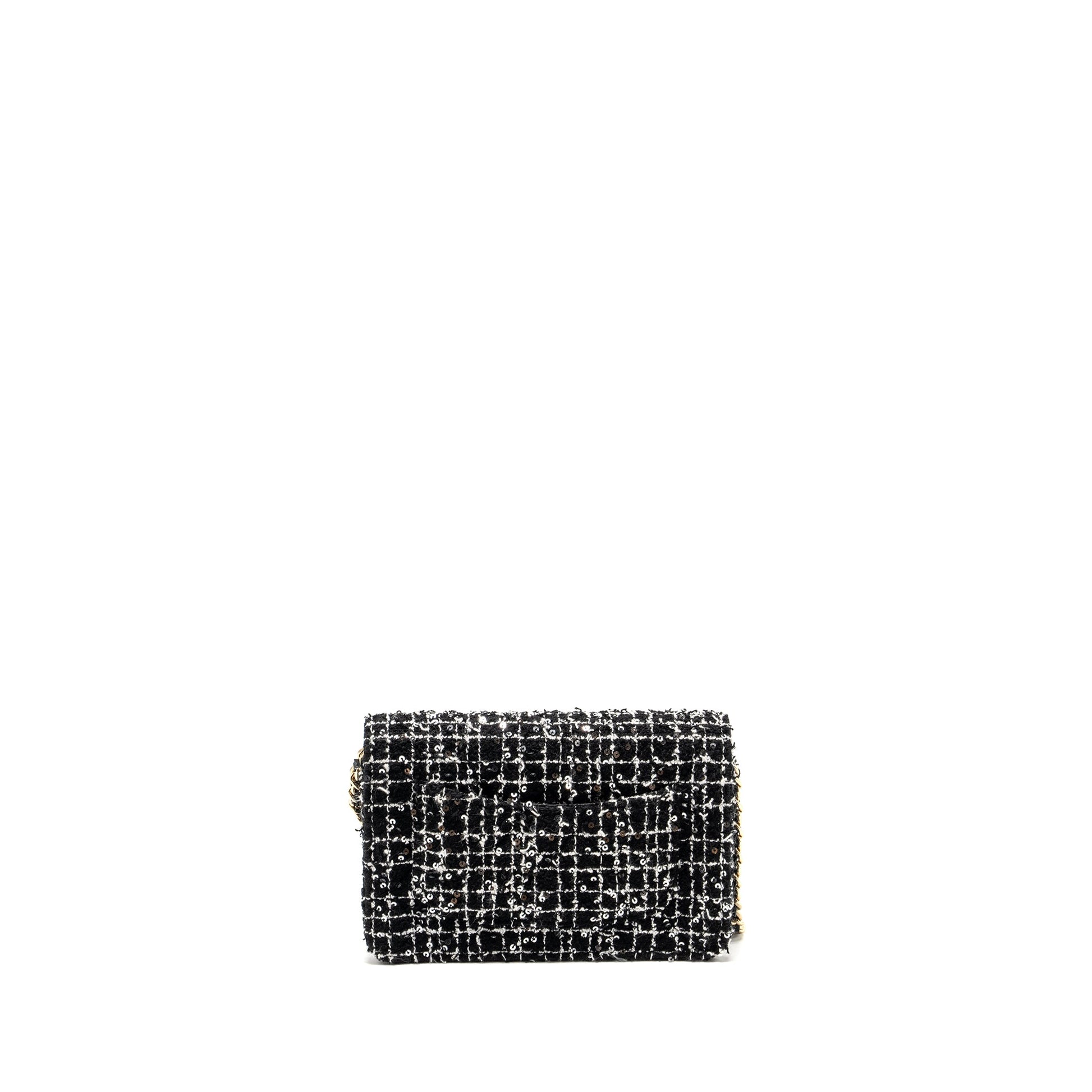 Chanel 24p Detail Chains On Tweed Sequins Black White Wallet Case