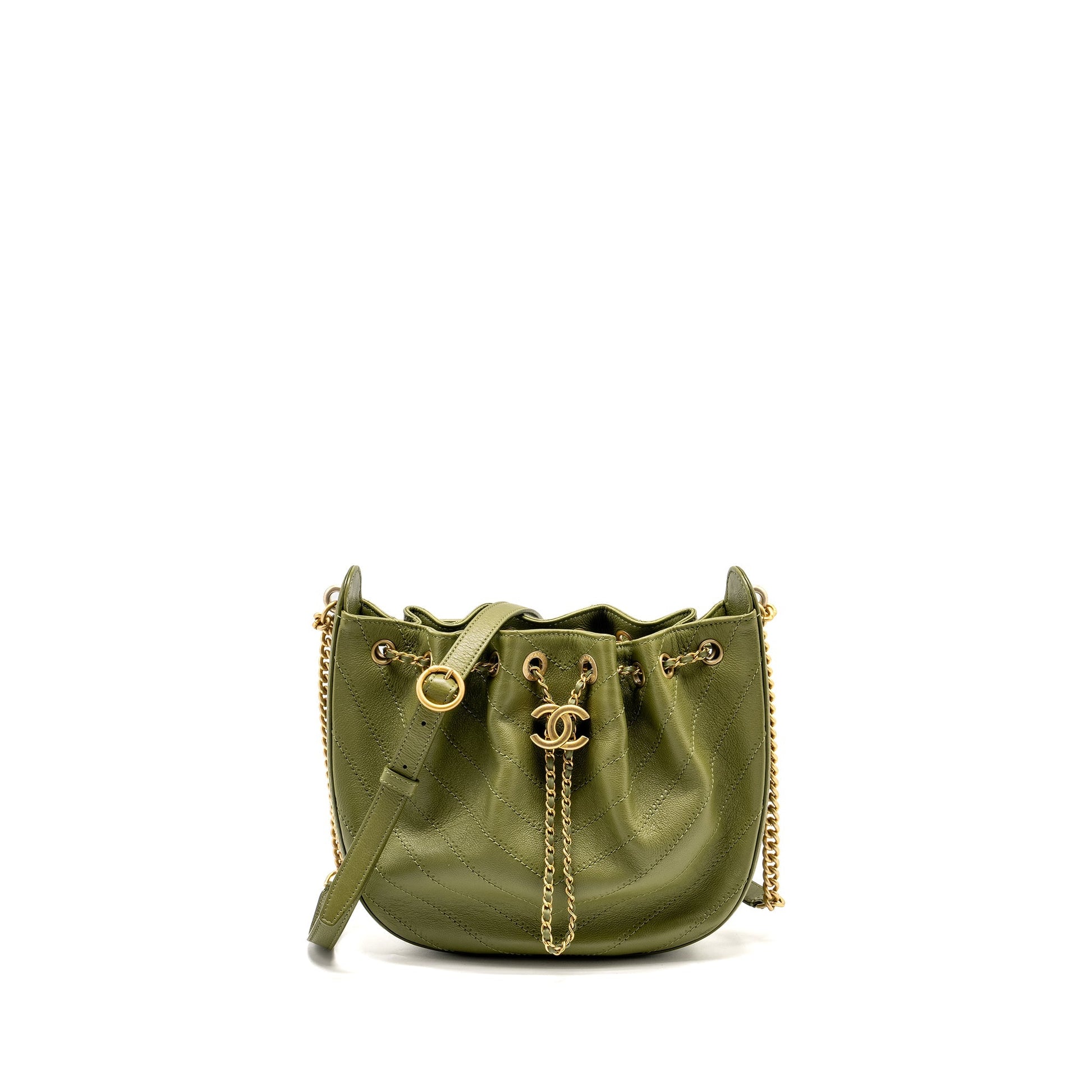 Chanel Drawstring Bucket Grained Calfskin Olive GHW Green Jewelry