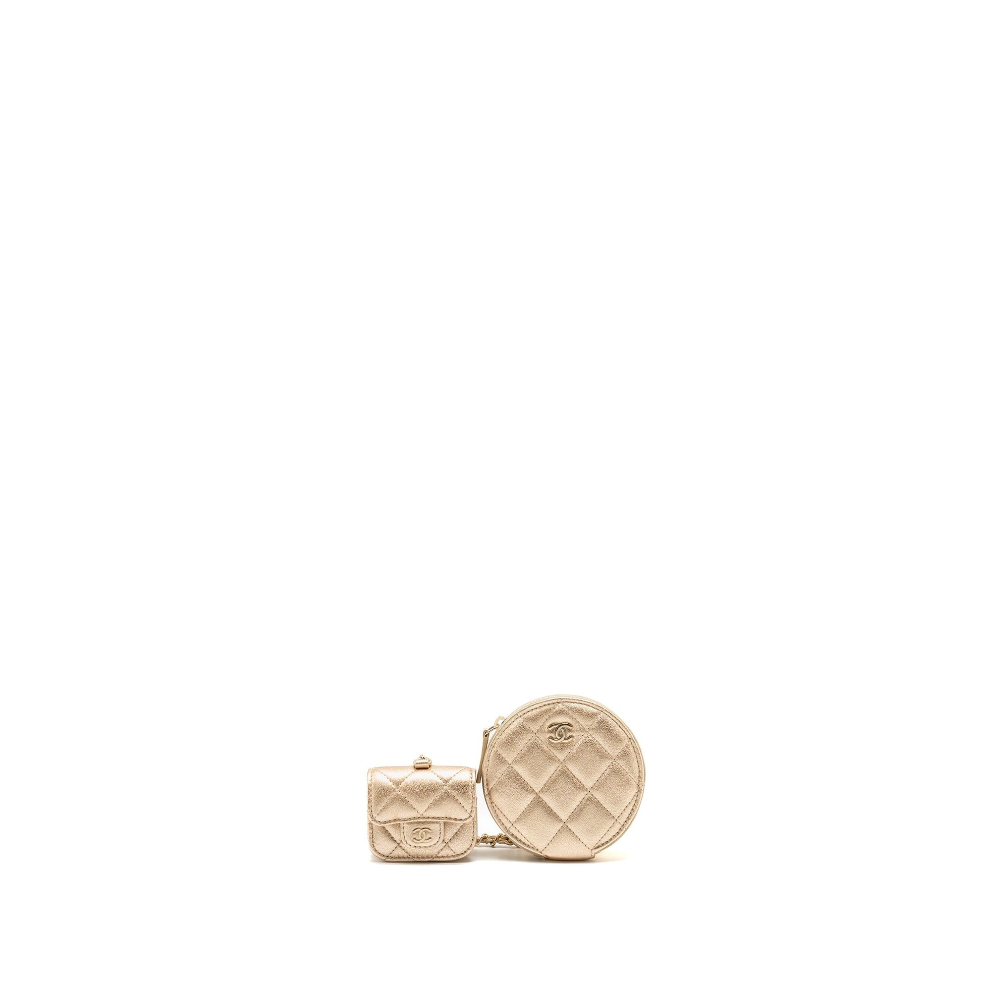 Chanel ROUND Clip on Purse DUO Charm Gold Key Chain Quilted Lambskin