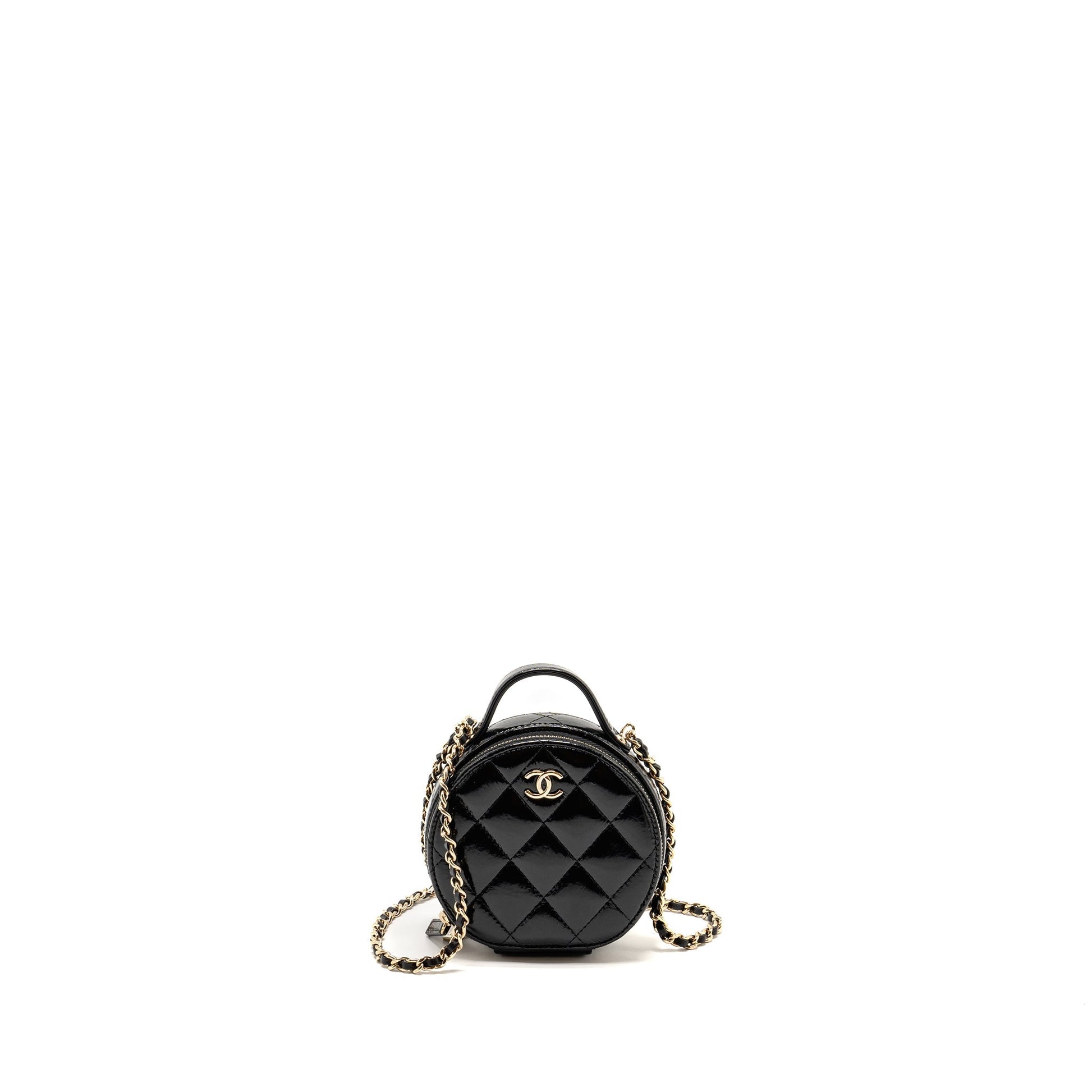 Chanel 22B Top Handle Round Vanity Shiny Black Leather Mini Bag
