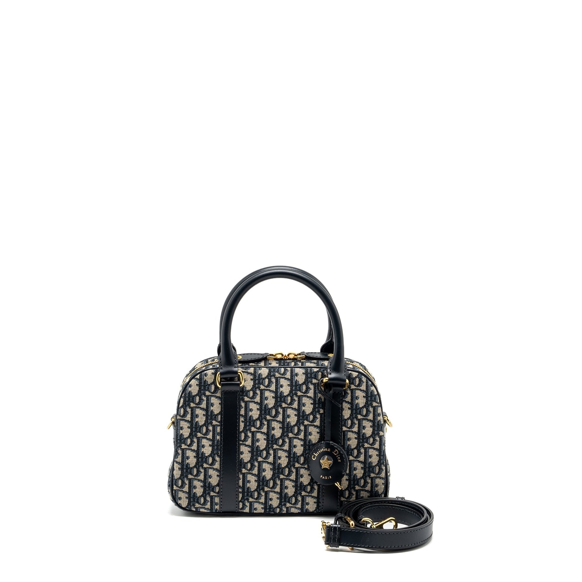 Dior Bowling Purse Oblique Handbag Canvas Blue Travel Bag
