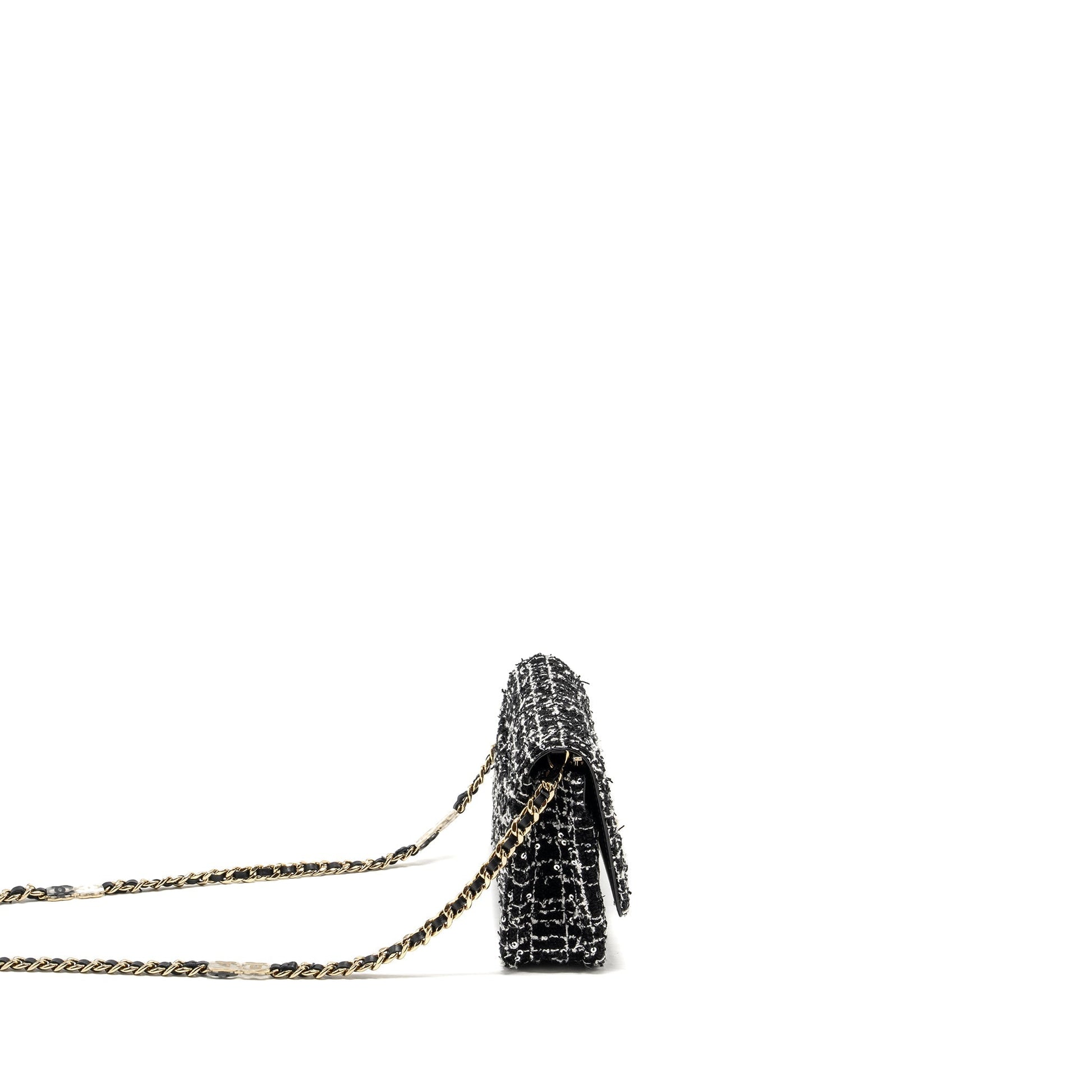 Chanel 24p Detail Chains On Tweed Sequins Black White Wallet Case