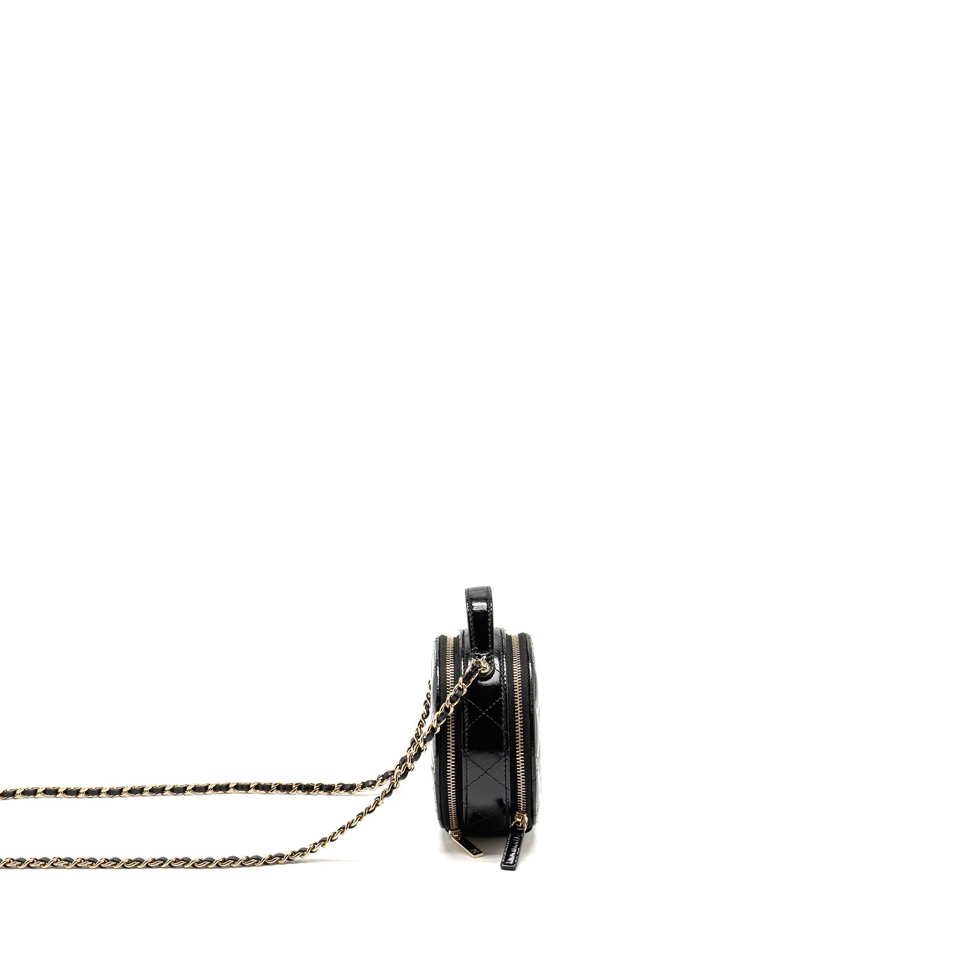 Chanel 22B Top Handle Round Vanity Shiny Black Leather Mini Bag