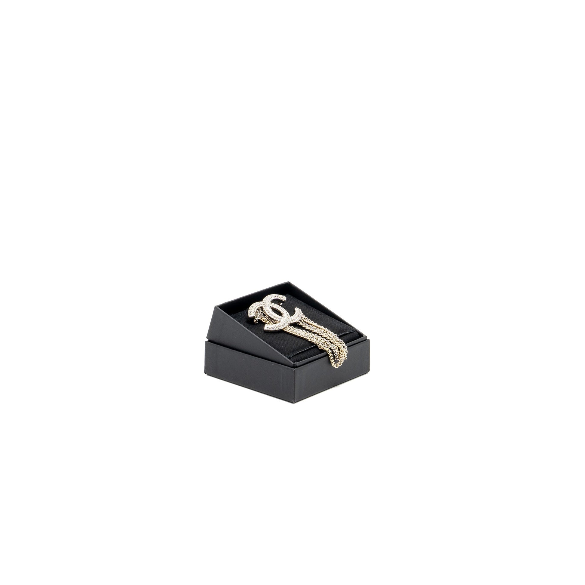 Chanel Chains Drop CC Logo Brooch Crystal Gold Silver Handbag