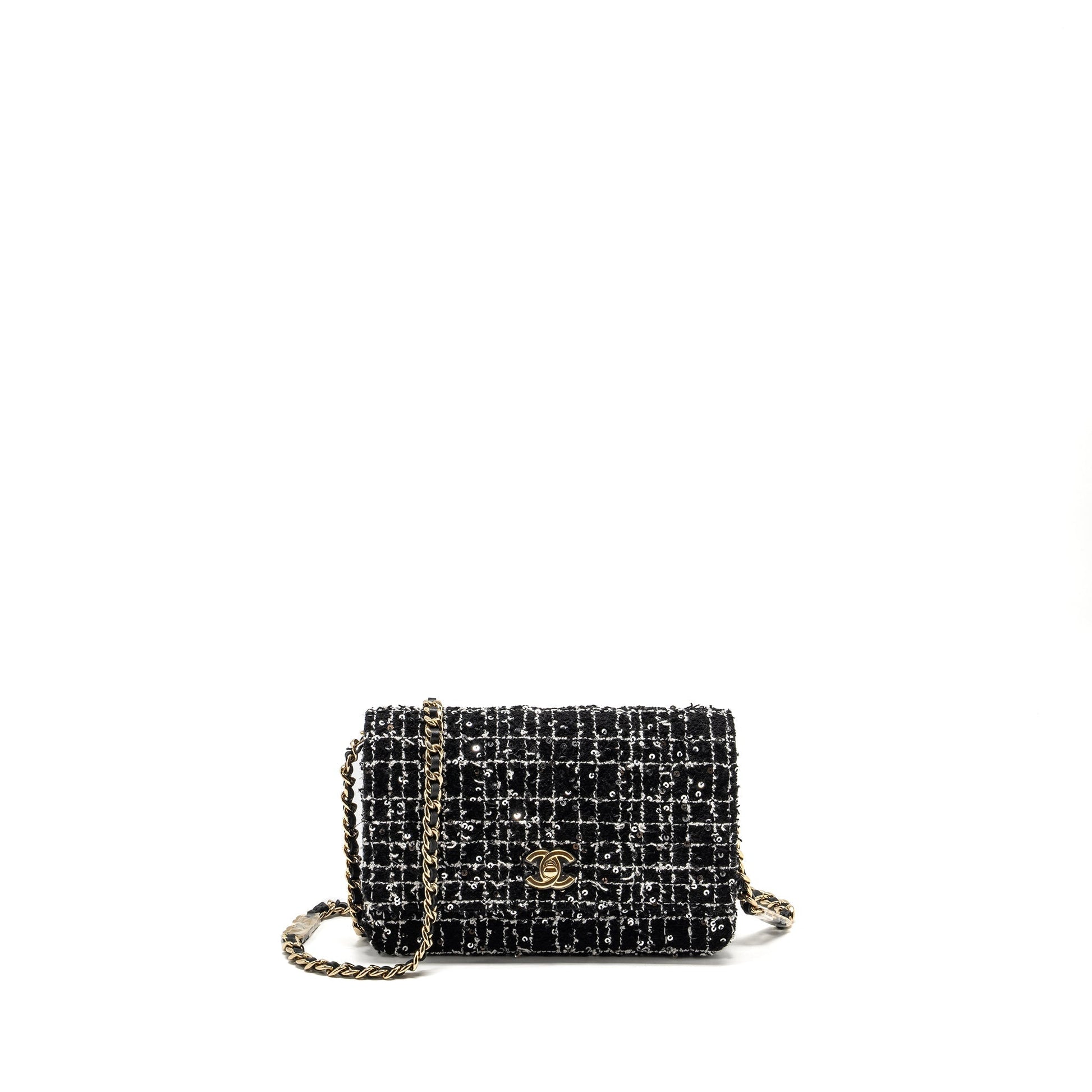 Chanel 24p Detail Chains On Tweed Sequins Black White Wallet Case