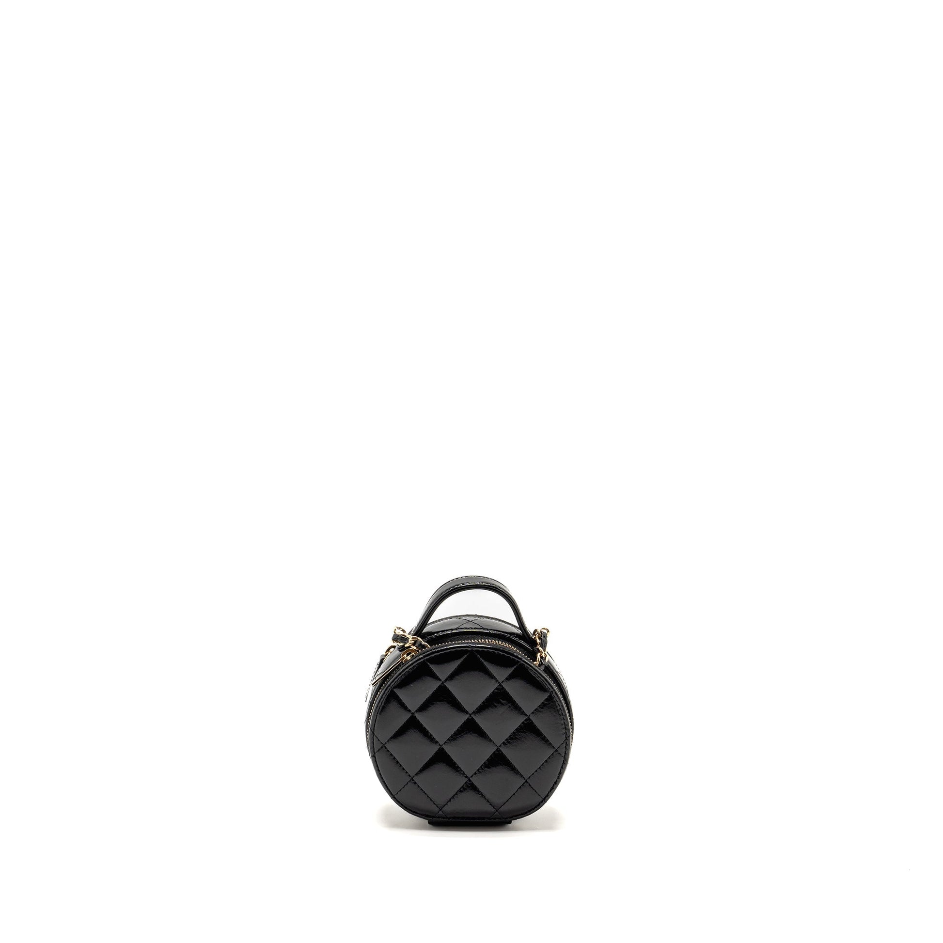Chanel 22B Top Handle Round Vanity Shiny Black Leather Mini Bag