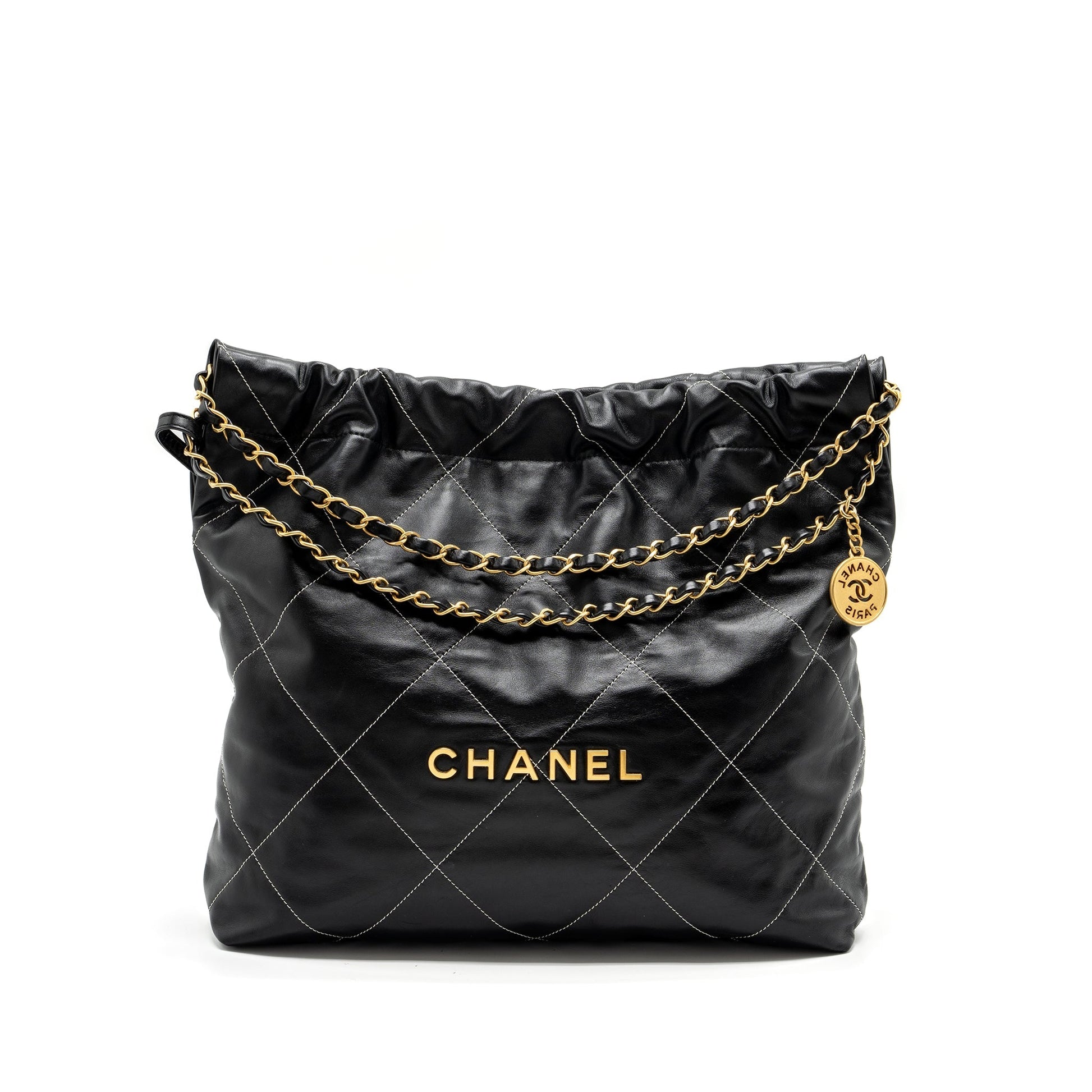 Chanel 22 Shiny Calfskin Stitching Letter GHW Black White Gold Handbag