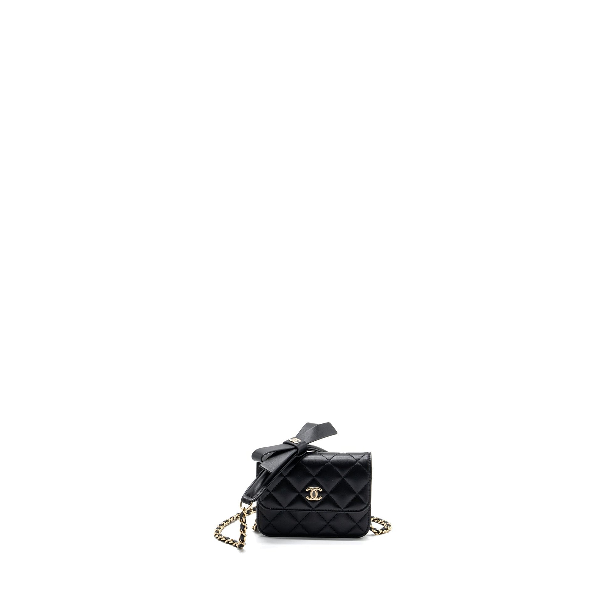 Chanel flap card holder ribbon lambskin LGHW Black Wallet Case Black Lghw