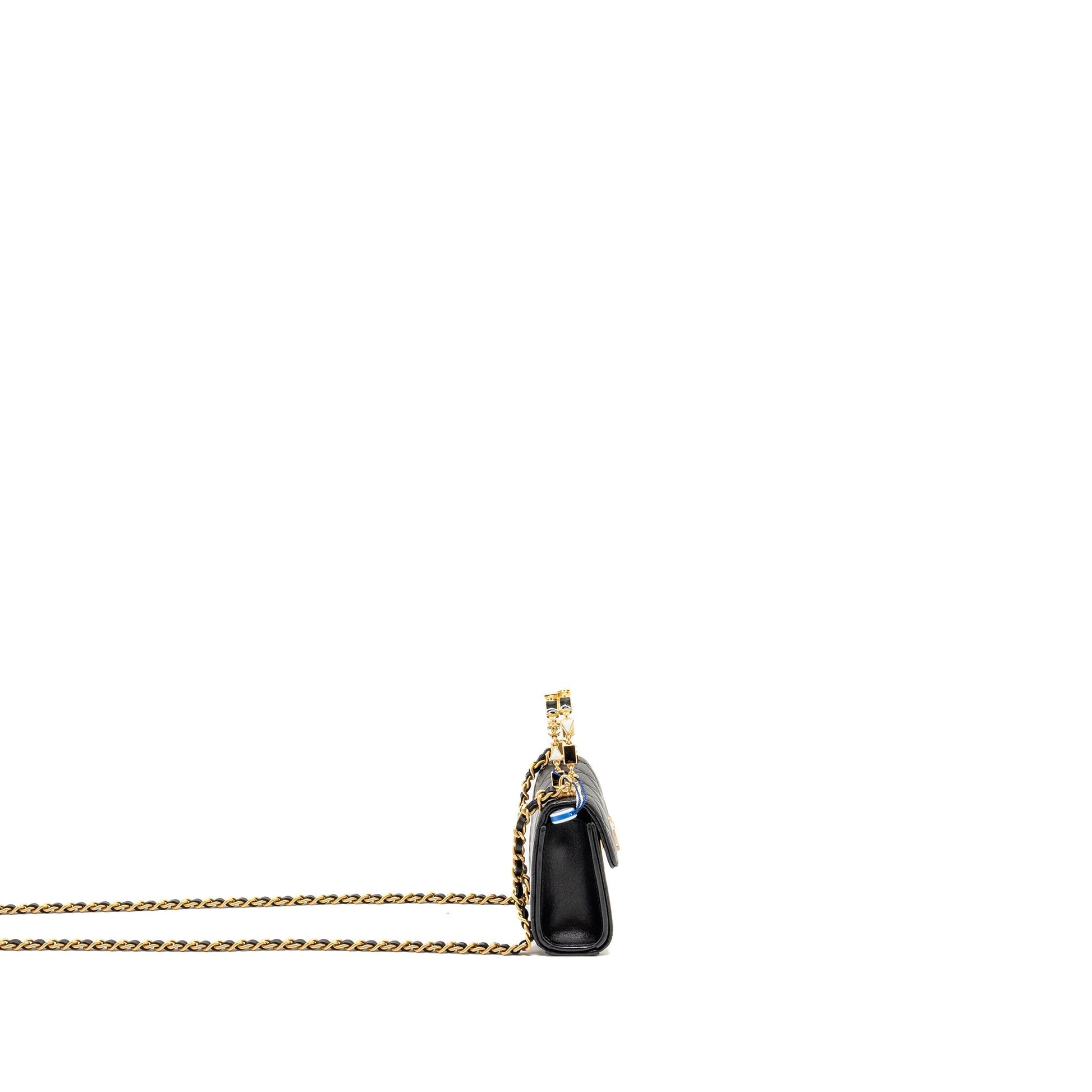 Chanel Detailed Top Handle Lambskin GHW Microchip Black Clutch Bag